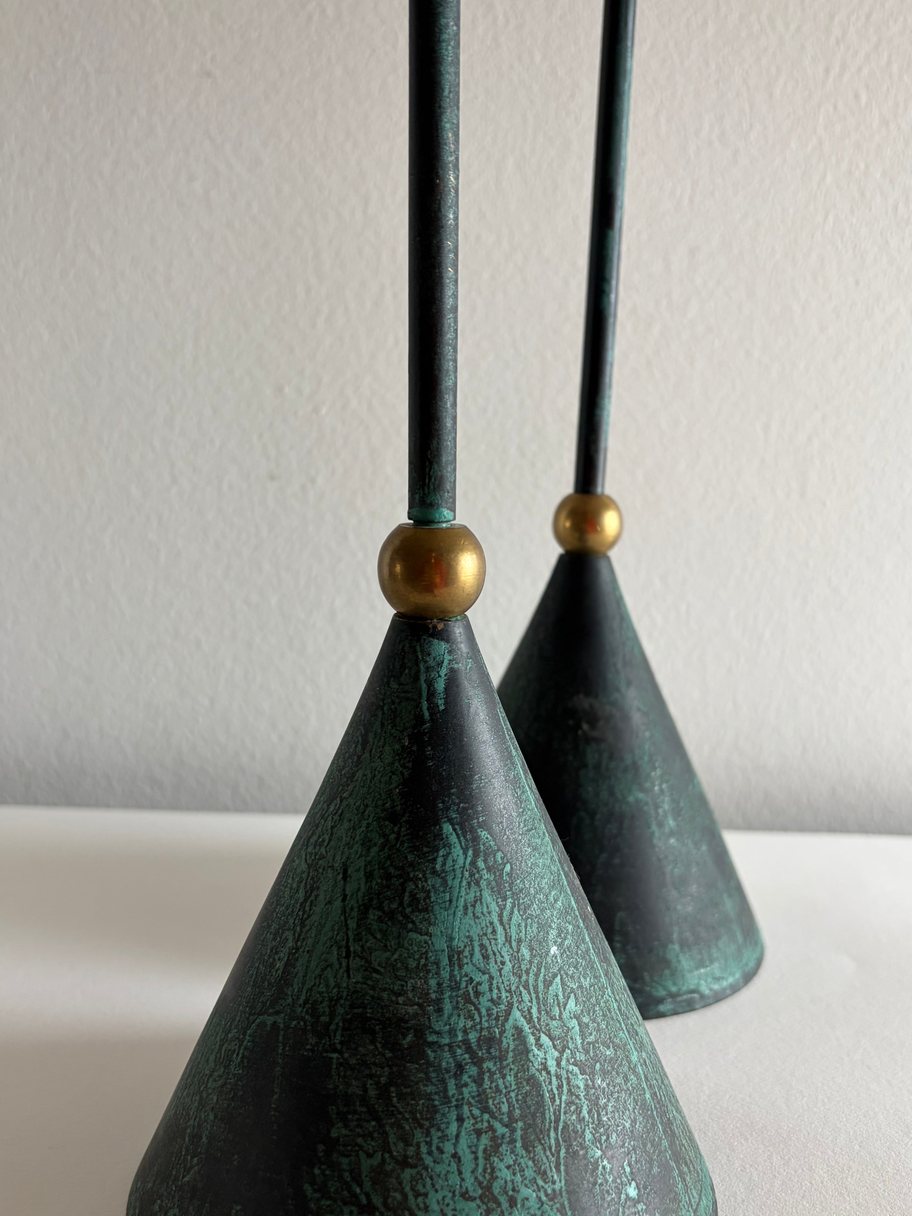 Oversized Memphis style sculptural metal and brass candleholders, 1980s — side angle
