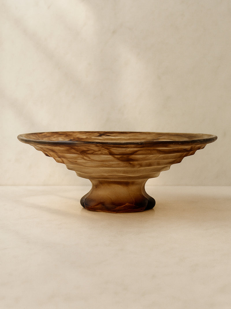 German Art Deco amber glass footed bowl with ribbed design