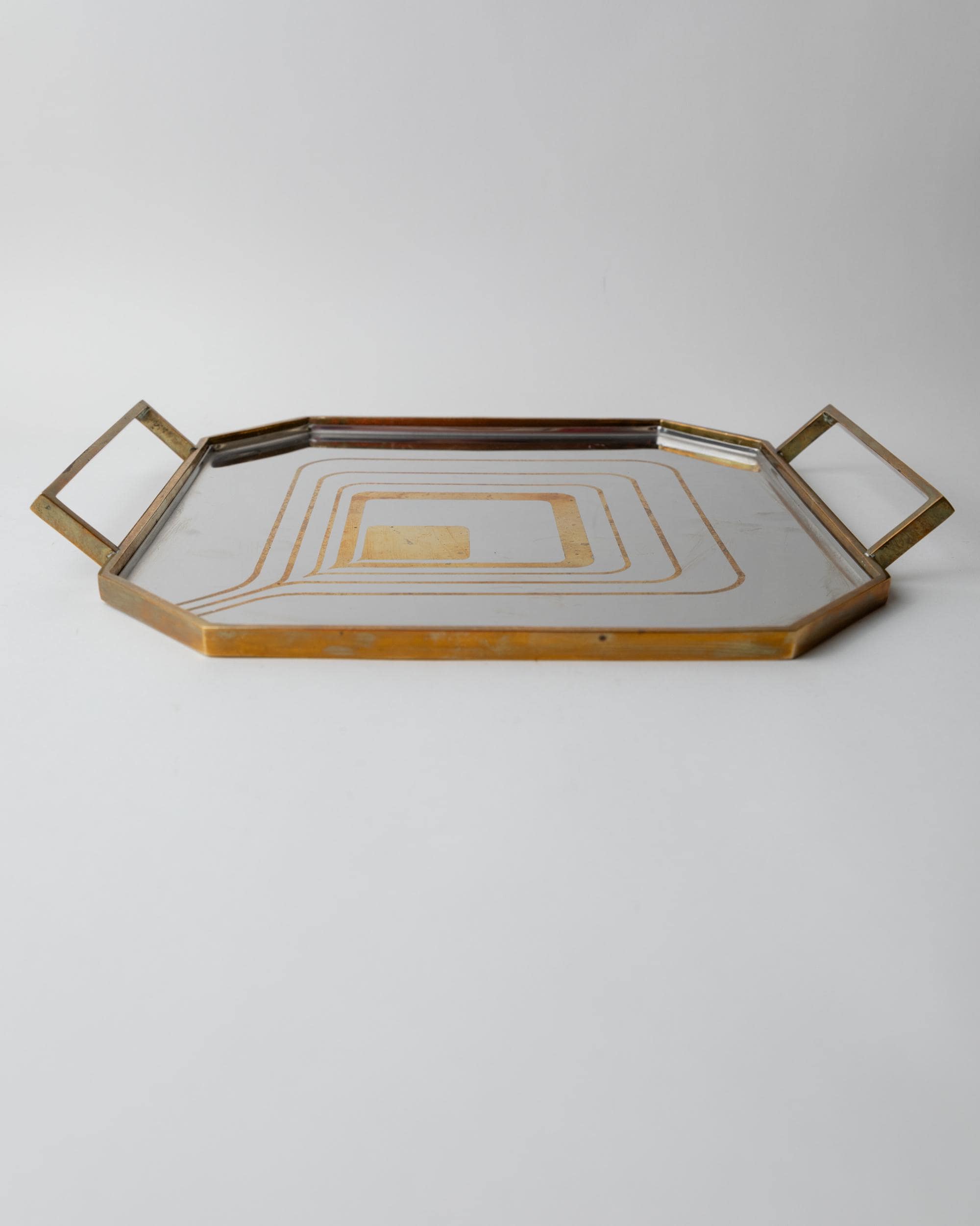 Vintage 1970s Octagonal Stainless Steel Tray, Brass Rim with Mid Century Pattern Design, Polished Serving Tray, Elegant Barware, Gift Idea — lifestyle setting
