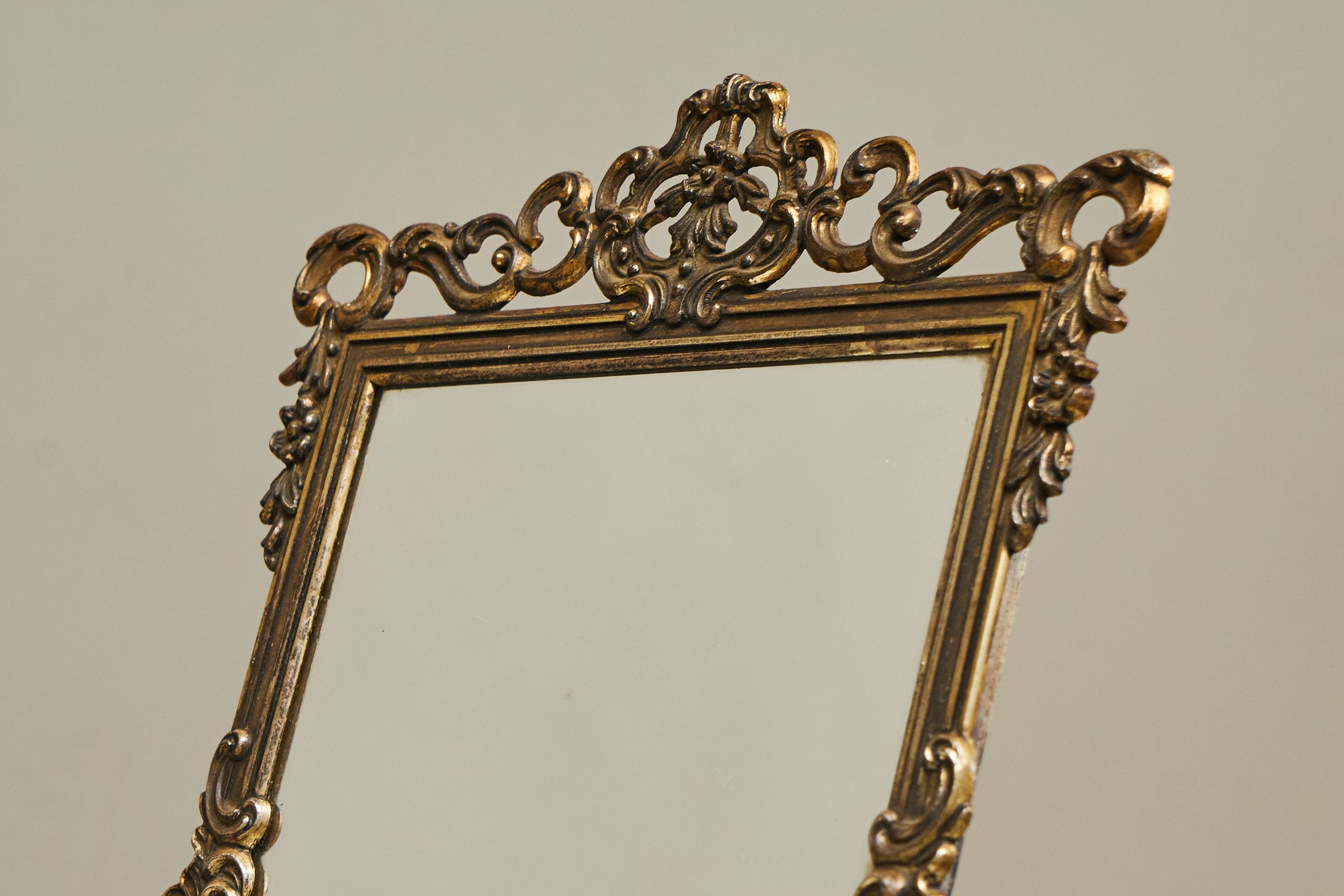 Ornate Italian Table Mirror in Patinated Silver Plated Brass, Mid 20th Century — detail view