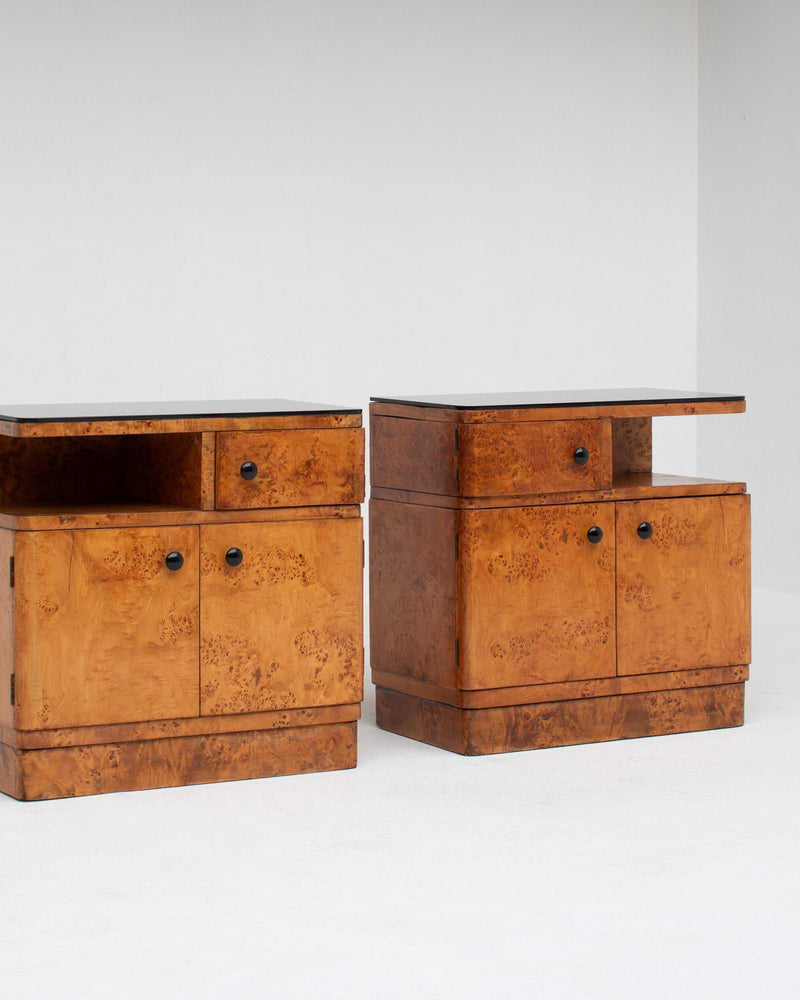 Pair of Art Deco Nightstands in Burlwood — close-up of drawer details and grain texture