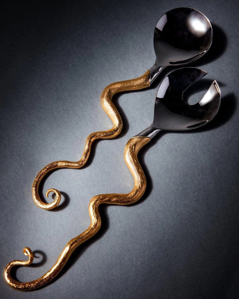 Haas twisted horn serving spoons with gold serpentine handles