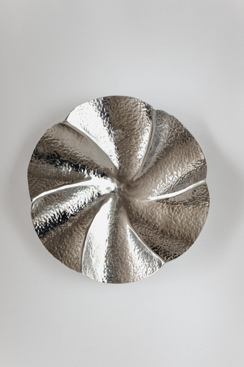 Decorative Footed Bowl — top view of hammered silver surface