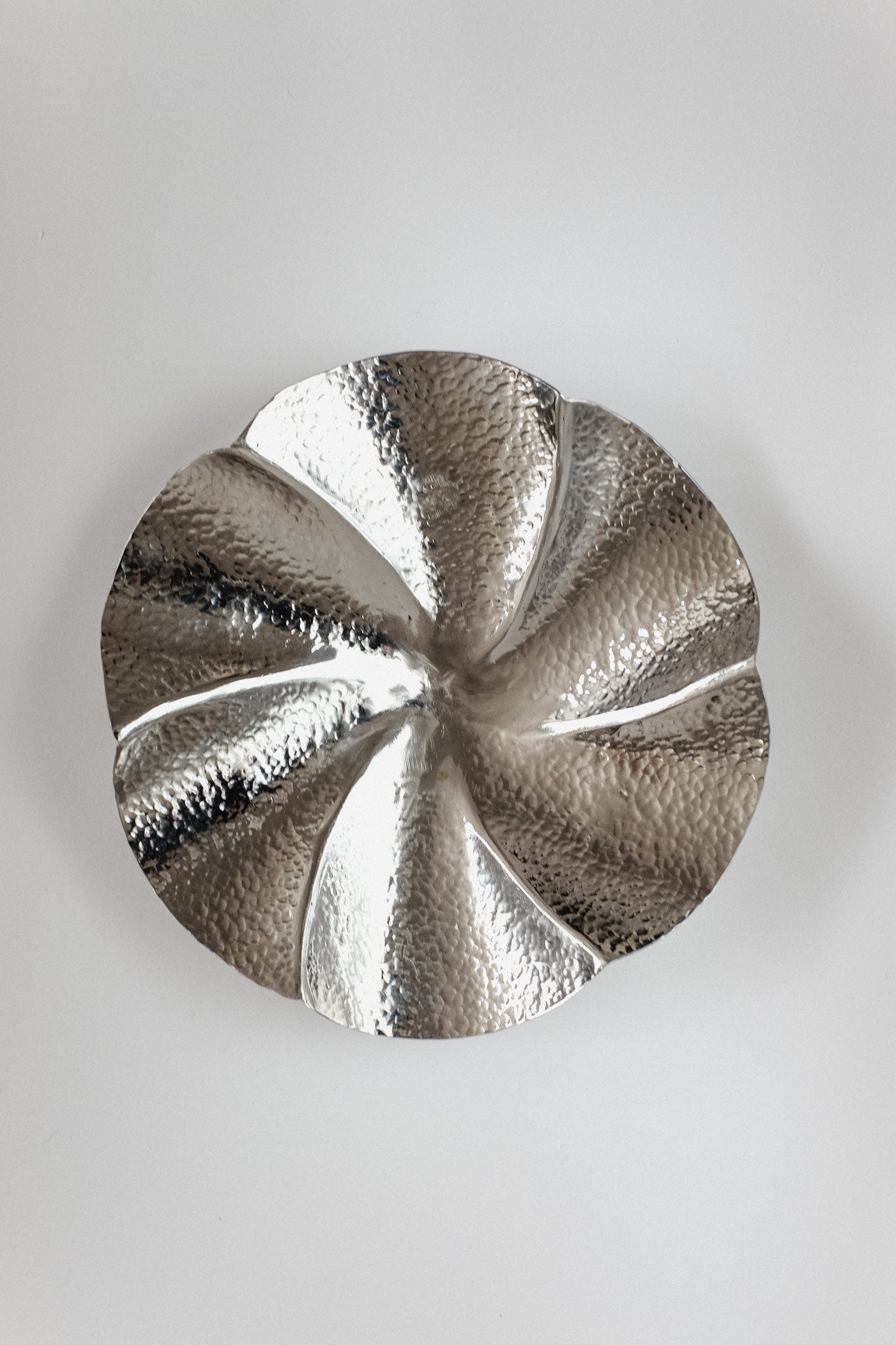 Decorative Footed Bowl — top view of hammered silver surface