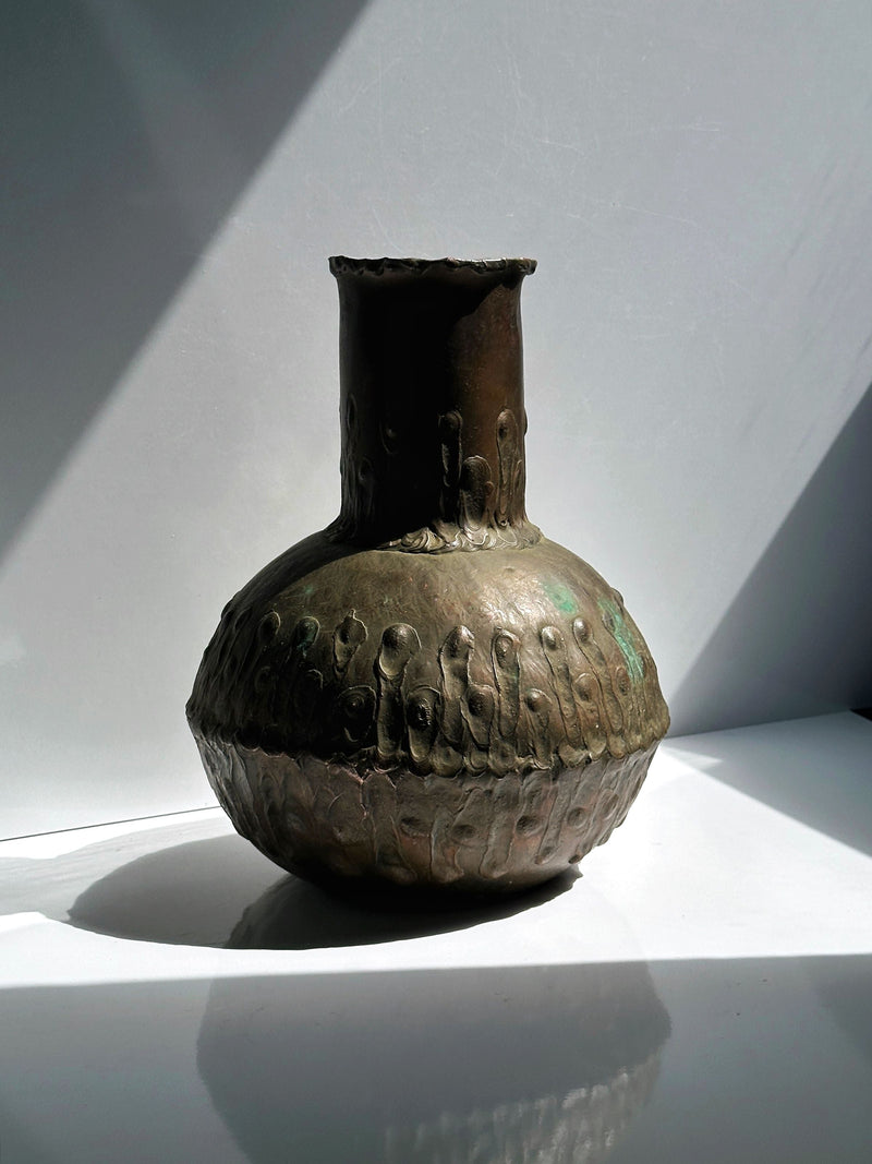 Massive Scandinavian copper vase with textured patina from 1970s