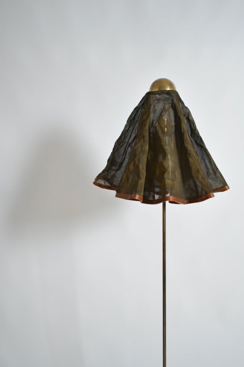 Brass, Brass Fabric and Leather Floor Lamp, 1960s — close-up of fabric shade detail