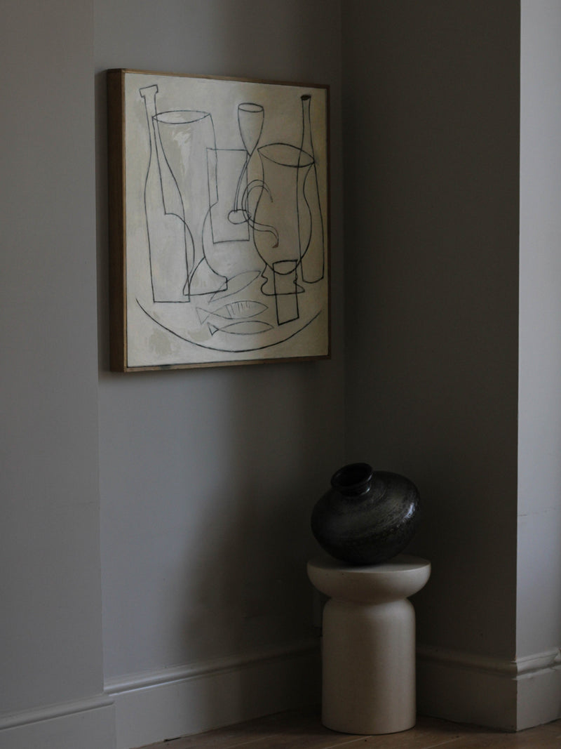 Abstract cubist still life painting with geometric bottles and vessels