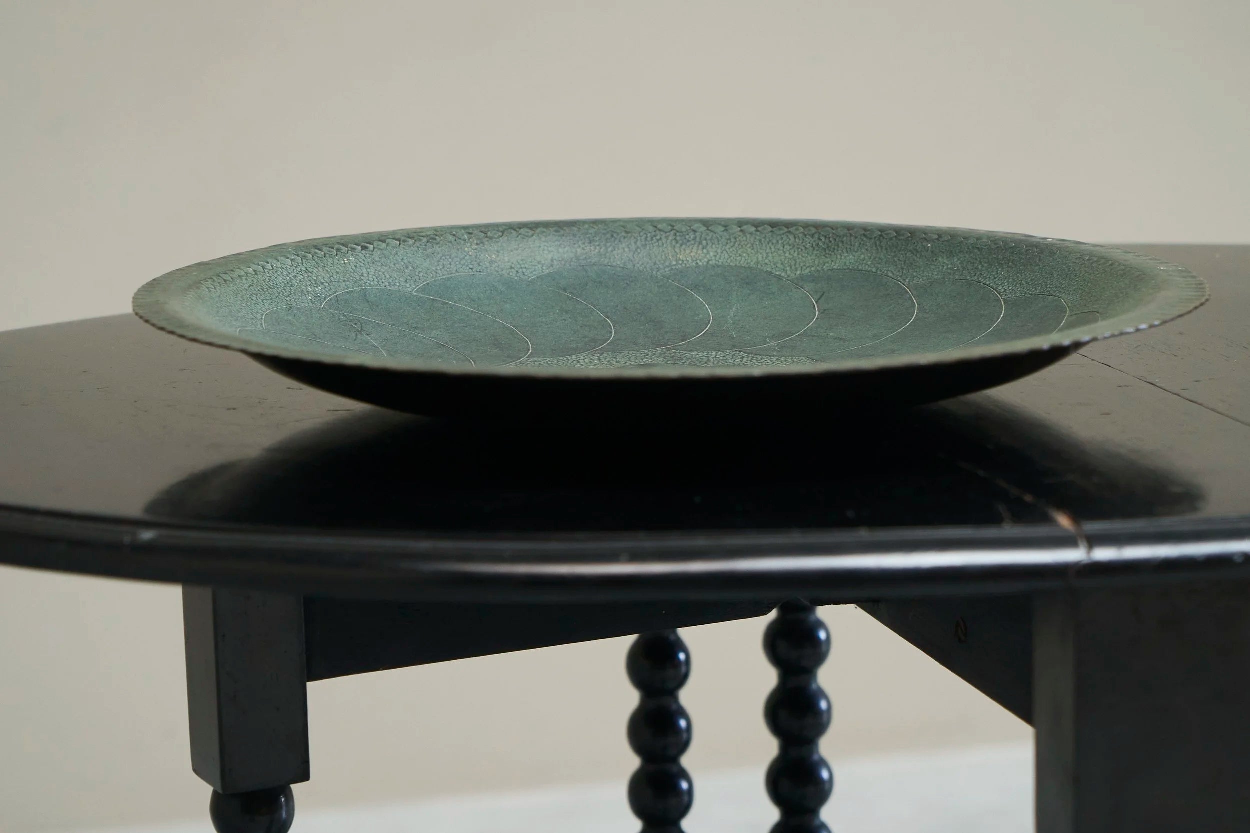 Hand Hammered Art Deco Centerpiece Bowl in Verdigris Patinated Copper 1930s — lifestyle setting