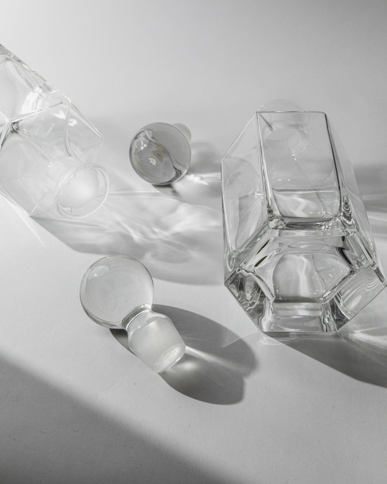 1970s Glass Decanter Set of 2 — overhead view of clear glass decanters