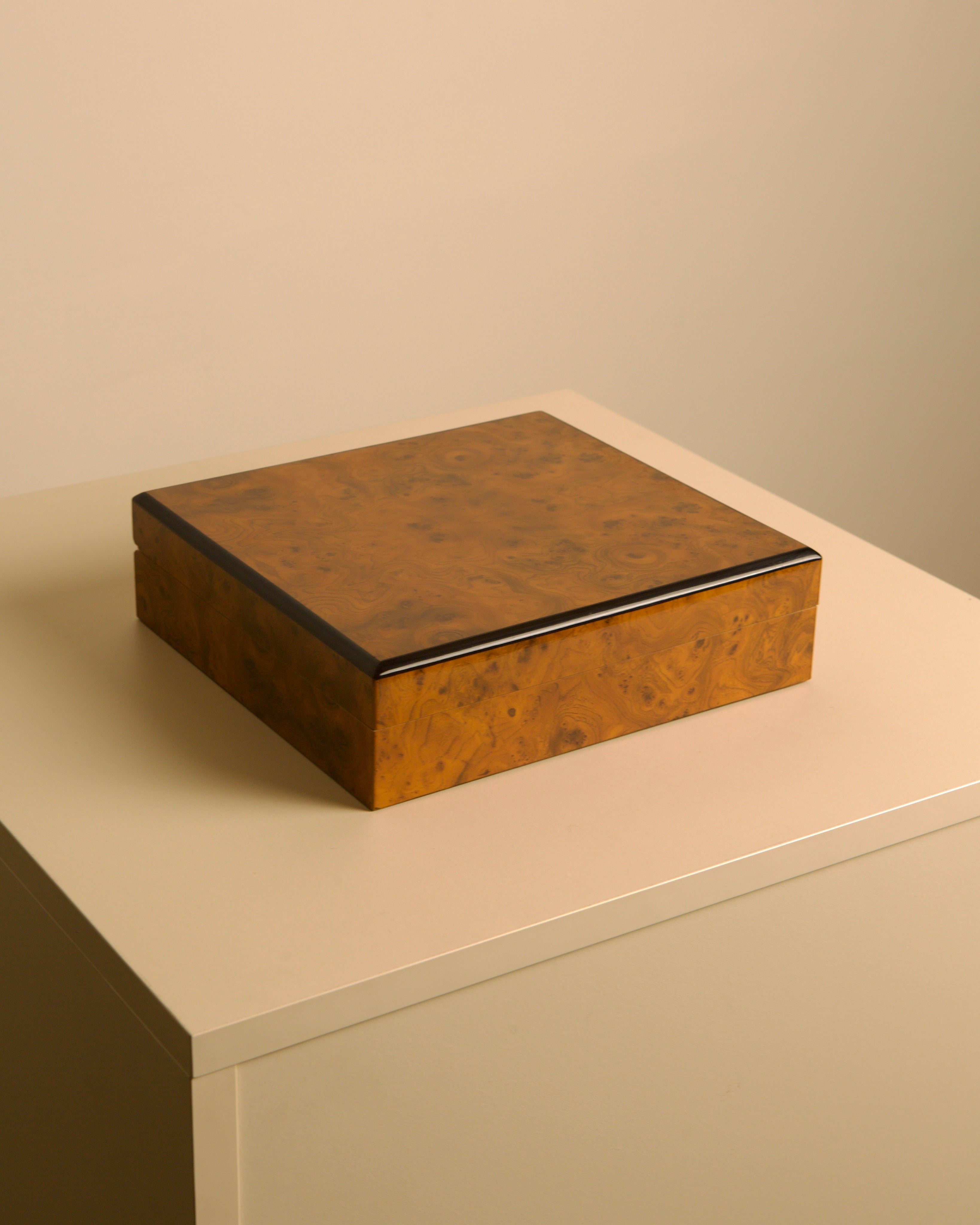 Large Italian Light Brown Elm Wood Box 60s — angled view on neutral surface