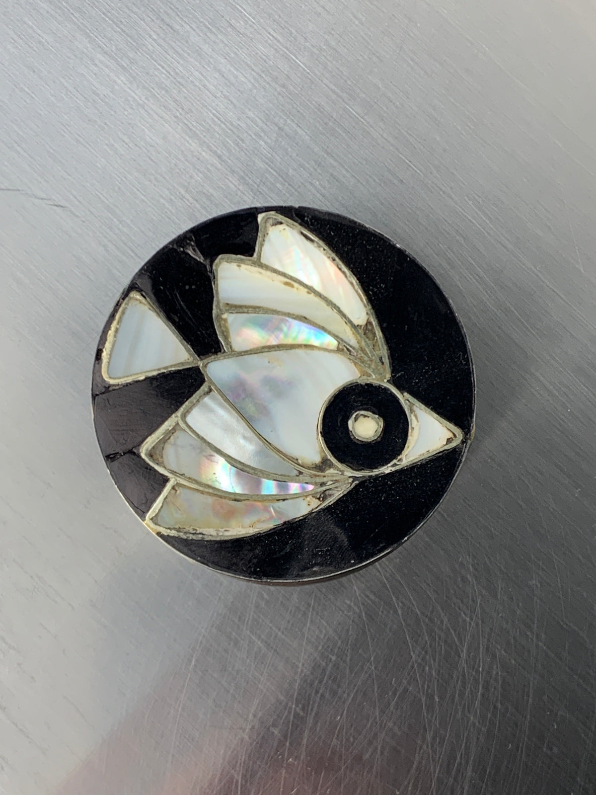 Abalone shell & alpaca silver fish box, Mexico, 1970's — lifestyle setting