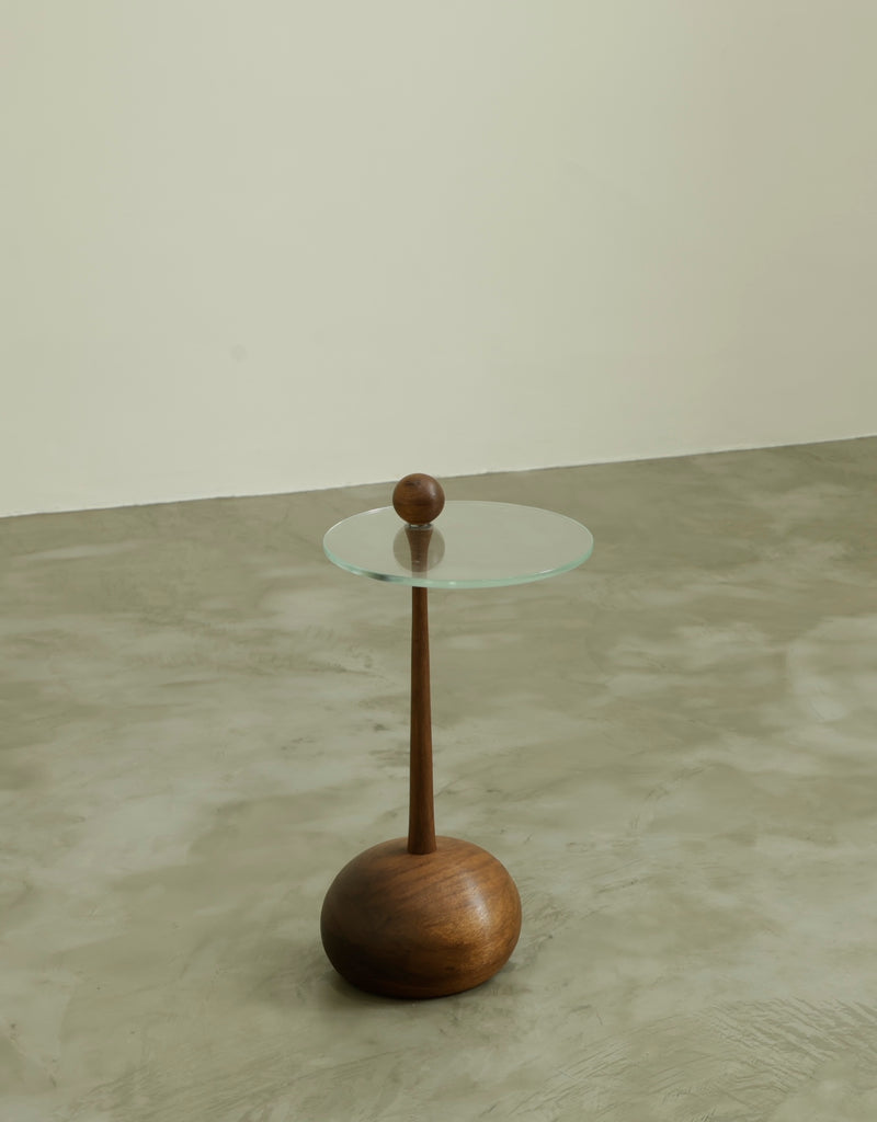 Serena walnut side table with glass top and spherical base by PROSA