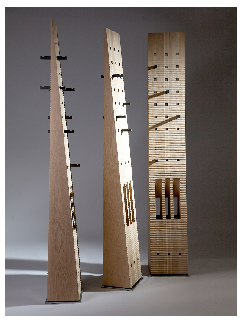 Totem Coat Stand - Oak and 5500 years old Bog Oak — angled view highlighting wooden structure and hooks