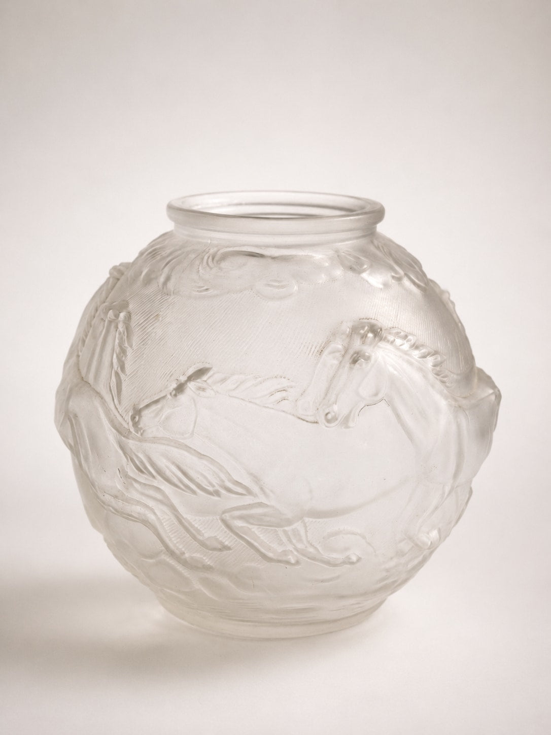 Pristine Art Deco "Galloping Horses" Frosted Glass Vase by Karl Zentner for Libochovice, c. 1930s by Trove Paris