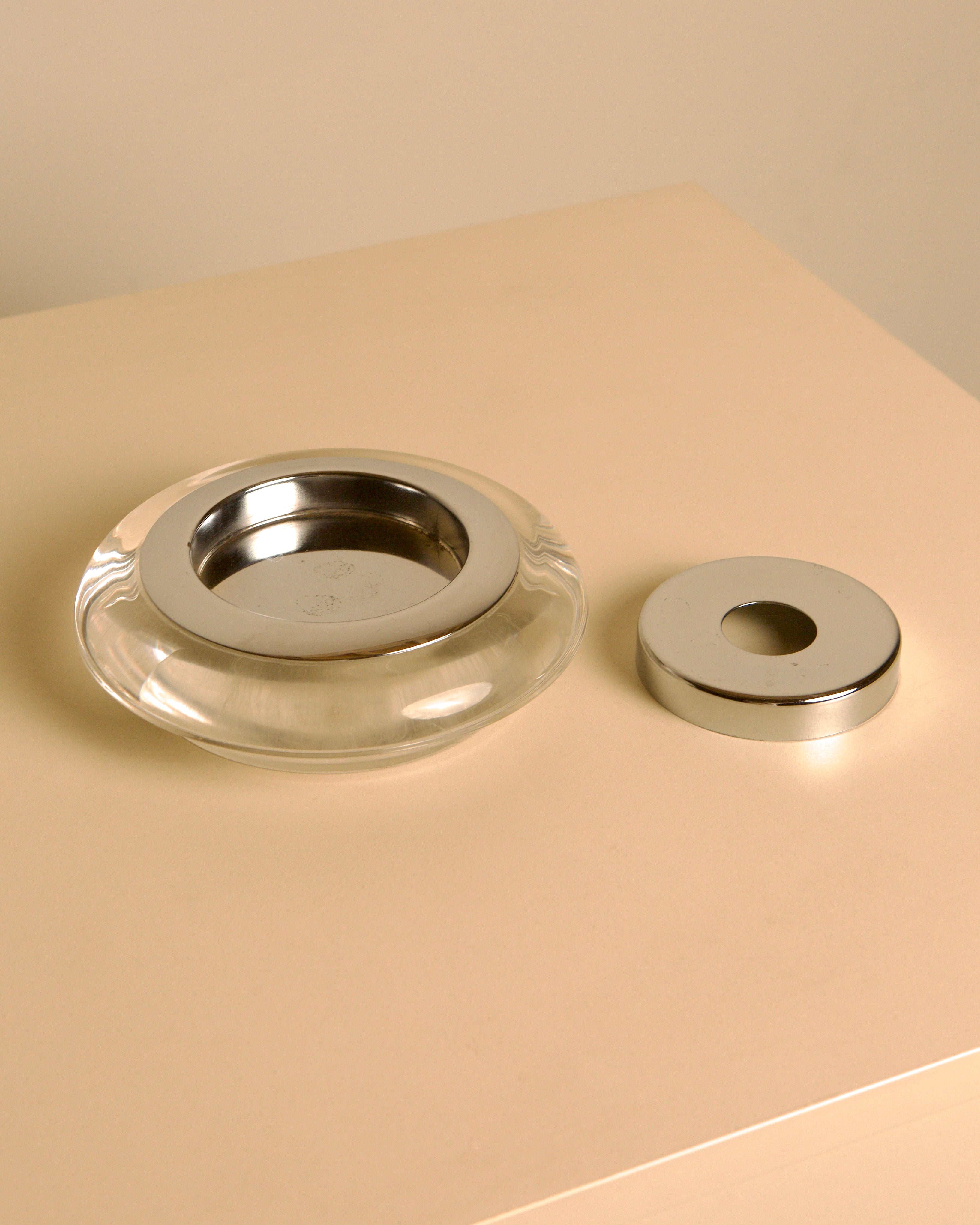 Italian Round Lucite and Chrome Ashtray / Vide-Poche with Removable Lid, 1970s — side angle