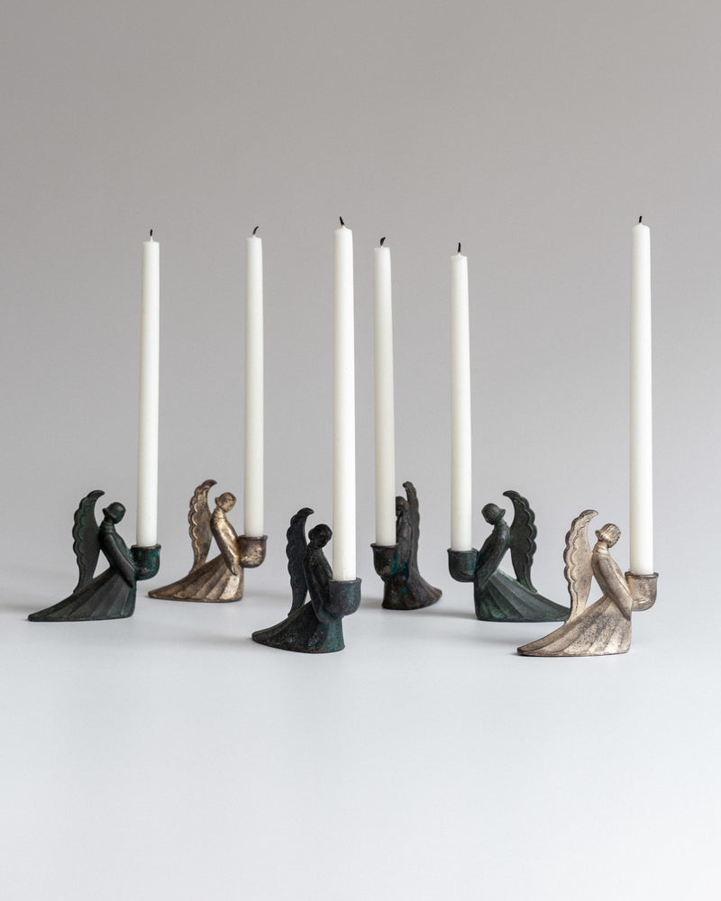 Set of Swedish Art Deco Figural Angel Candlesticks by Spigel | The Oblist — handcrafted metal, green and gold