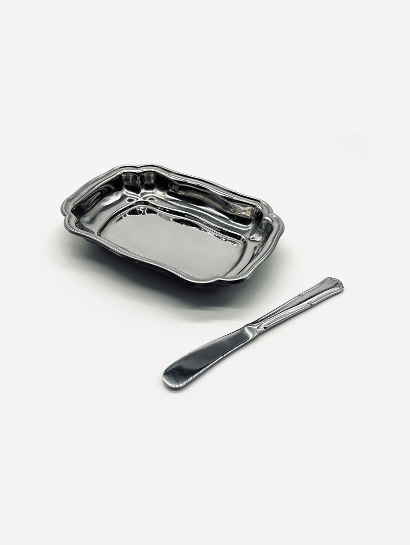 Vintage stainless steel butter dish with spreading knife