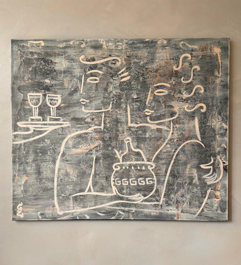 Toast to Half Full" by Claire de Wolf depicts two outlined figures with stylized faces; one holds a jug marked "EGGGGG," while a hand offers wine glasses on a tray, set against a textured gray and beige contemporary backdrop.