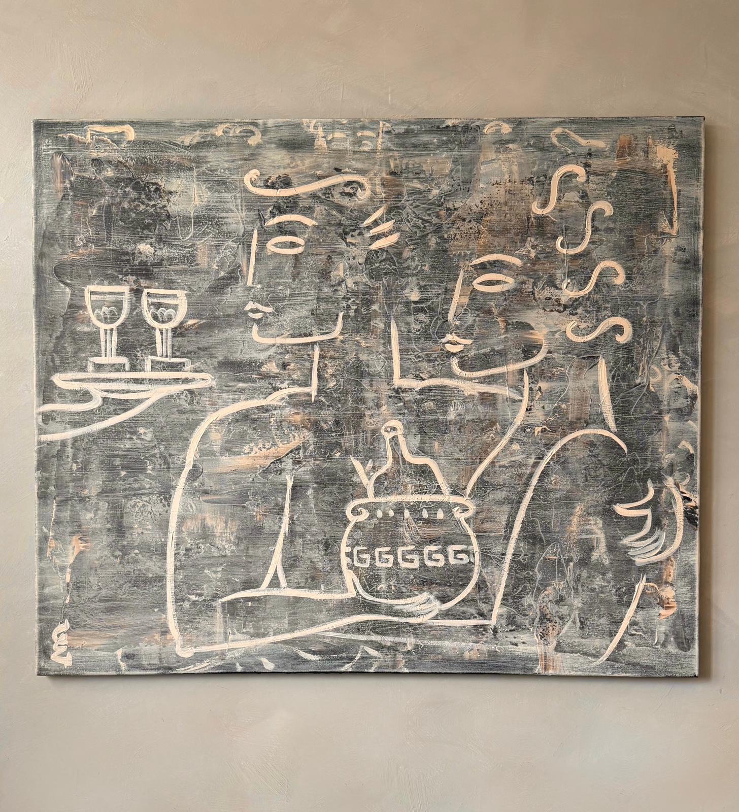 Toast to Half Full" by Claire de Wolf depicts two outlined figures with stylized faces; one holds a jug marked "EGGGGG," while a hand offers wine glasses on a tray, set against a textured gray and beige contemporary backdrop.