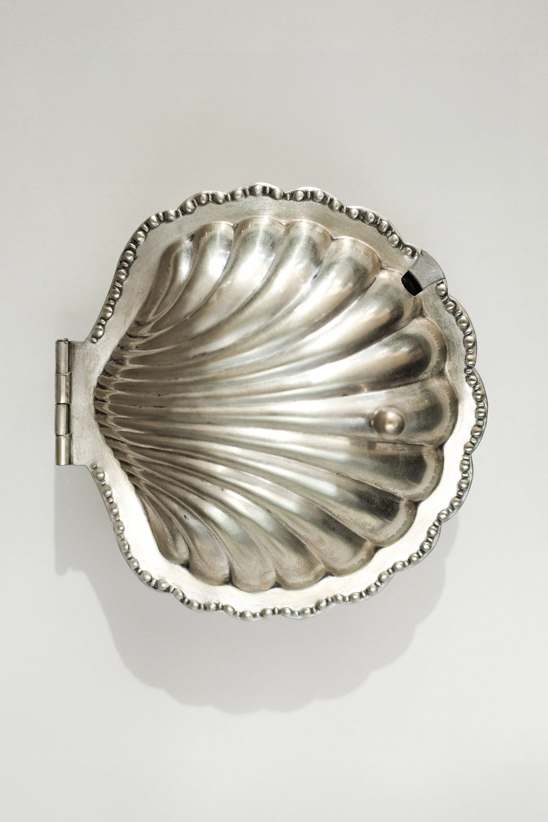 Shell Shaped Butter Dish — top view of silver metal with ribbed design
