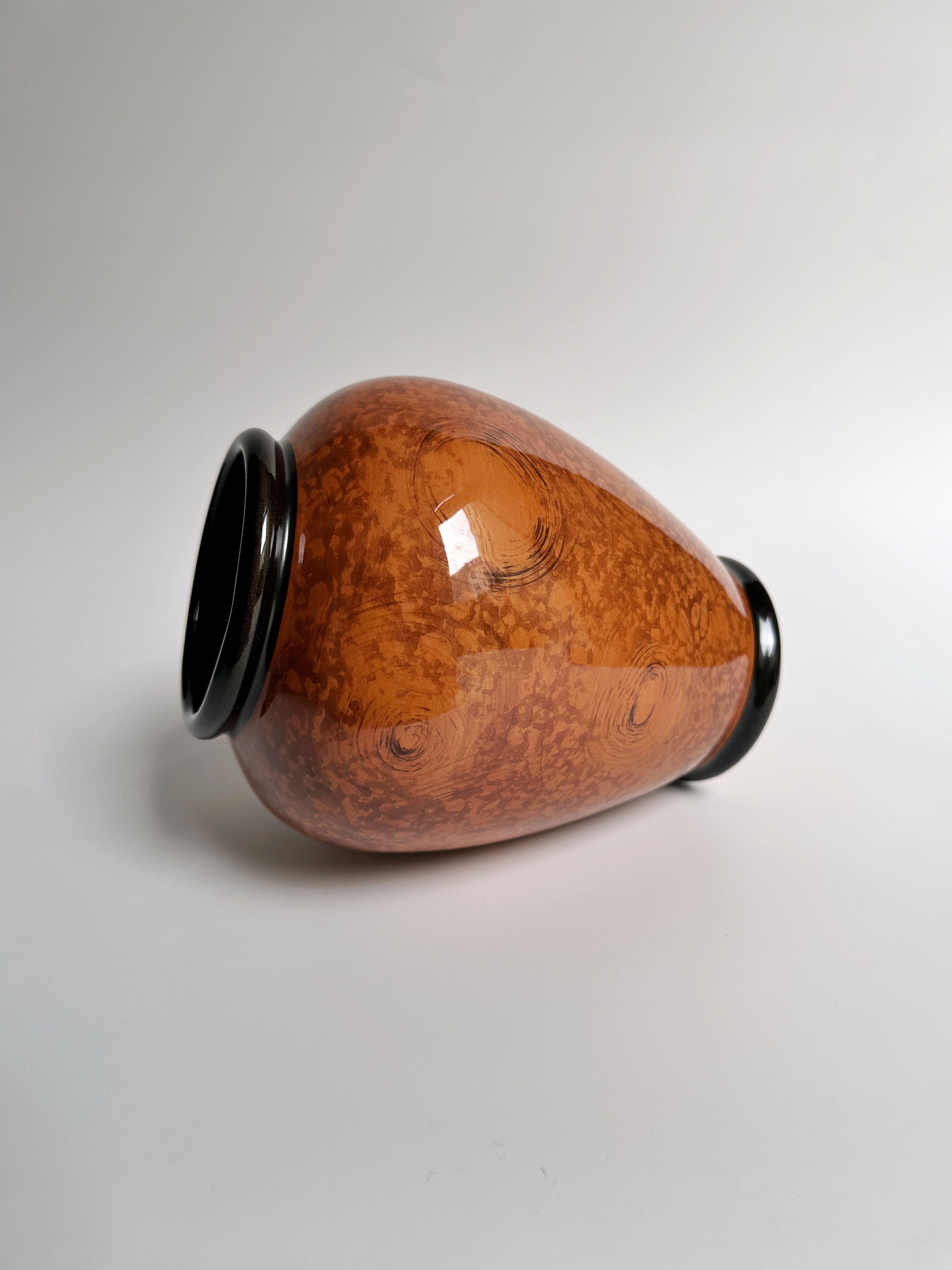 Art Deco Burl Wood Hand-Painted Vase — side angle showing rich wood grain