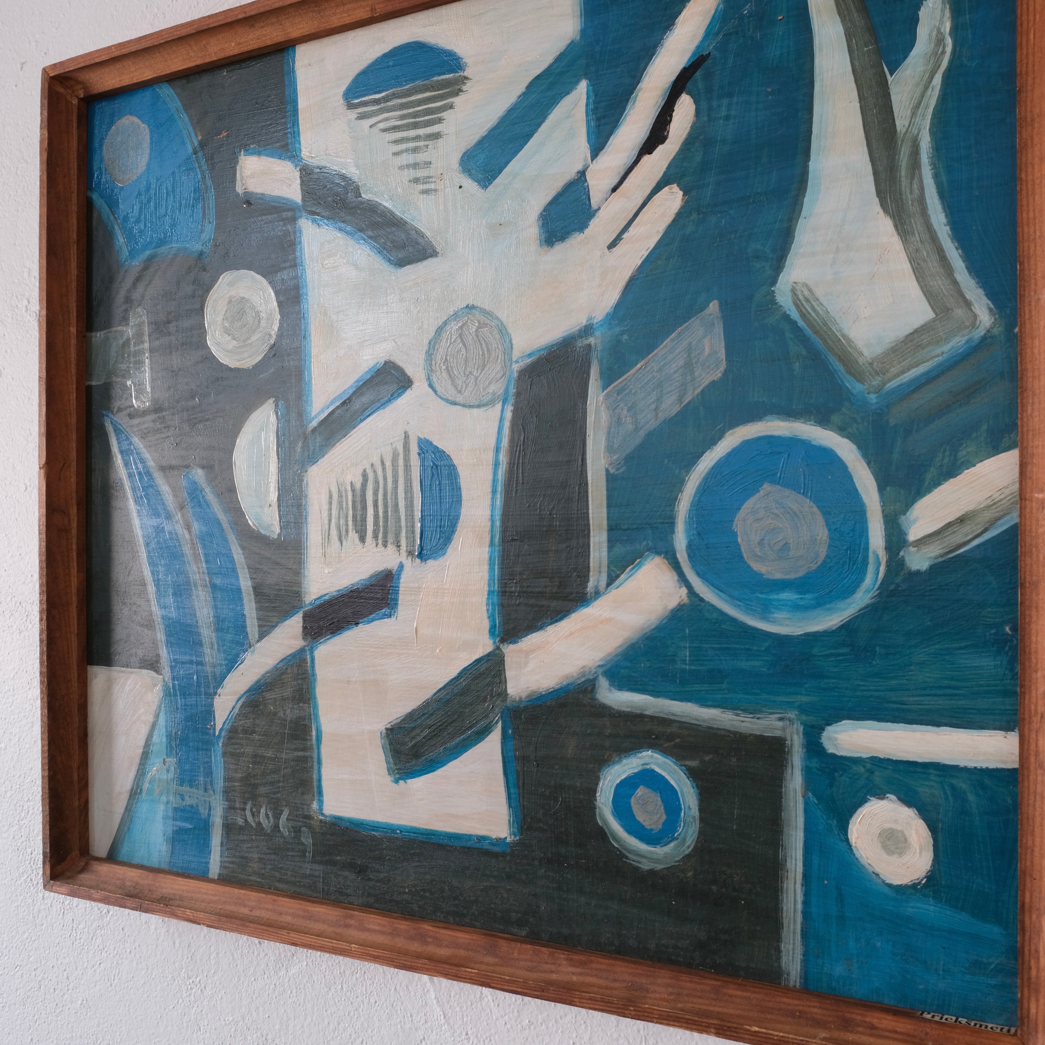 Uldis Rēdelis Blue Abstract Painting "Items", Latvia, 2006 — angled view with wooden frame