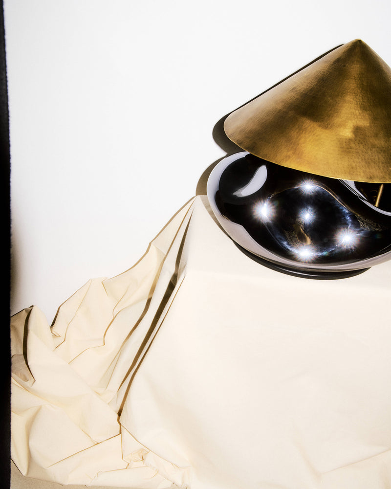 Obsidian Lamp' Table Lamp by HOMA | The Oblist — black ceramic, brass shade