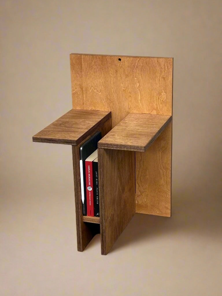 Sisto versatile wood chair with fold-out desk and book storage