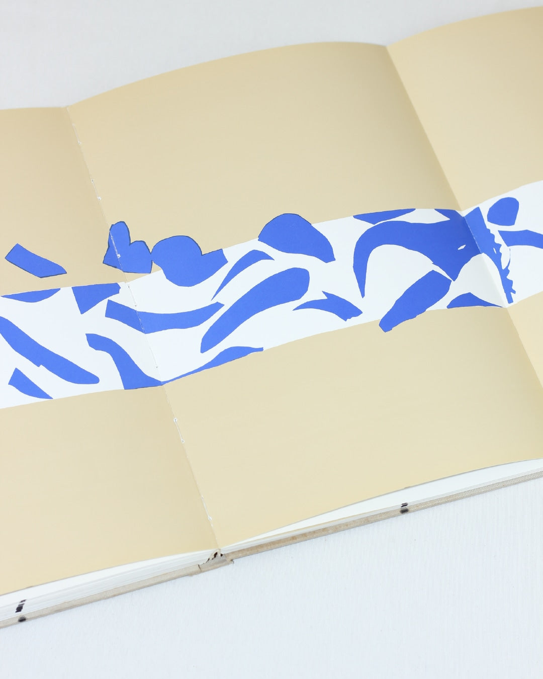 MATISSE PAPER CUTOUTS — close-up of blue paper cutouts on beige background