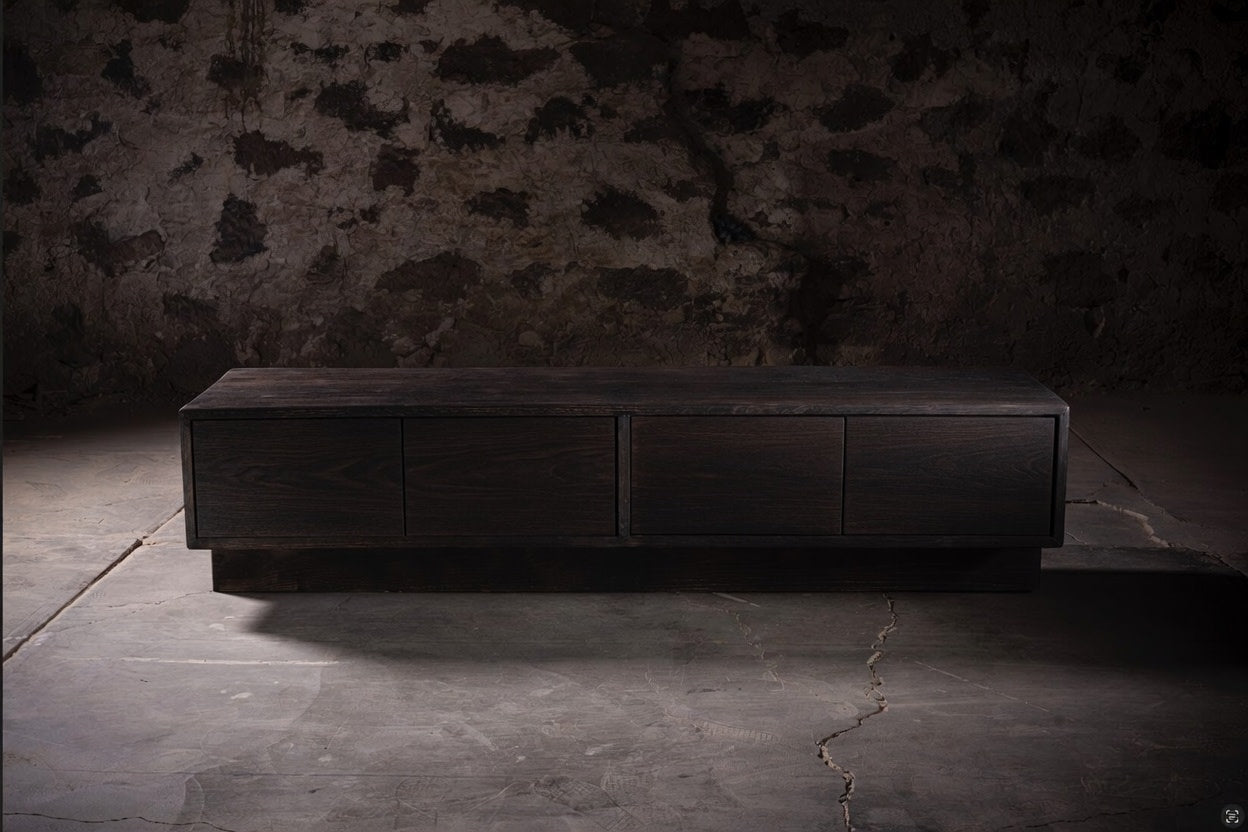 Obsidian Console, Burned Solid Oak, Shou Sugi Ban Technique. — side angle