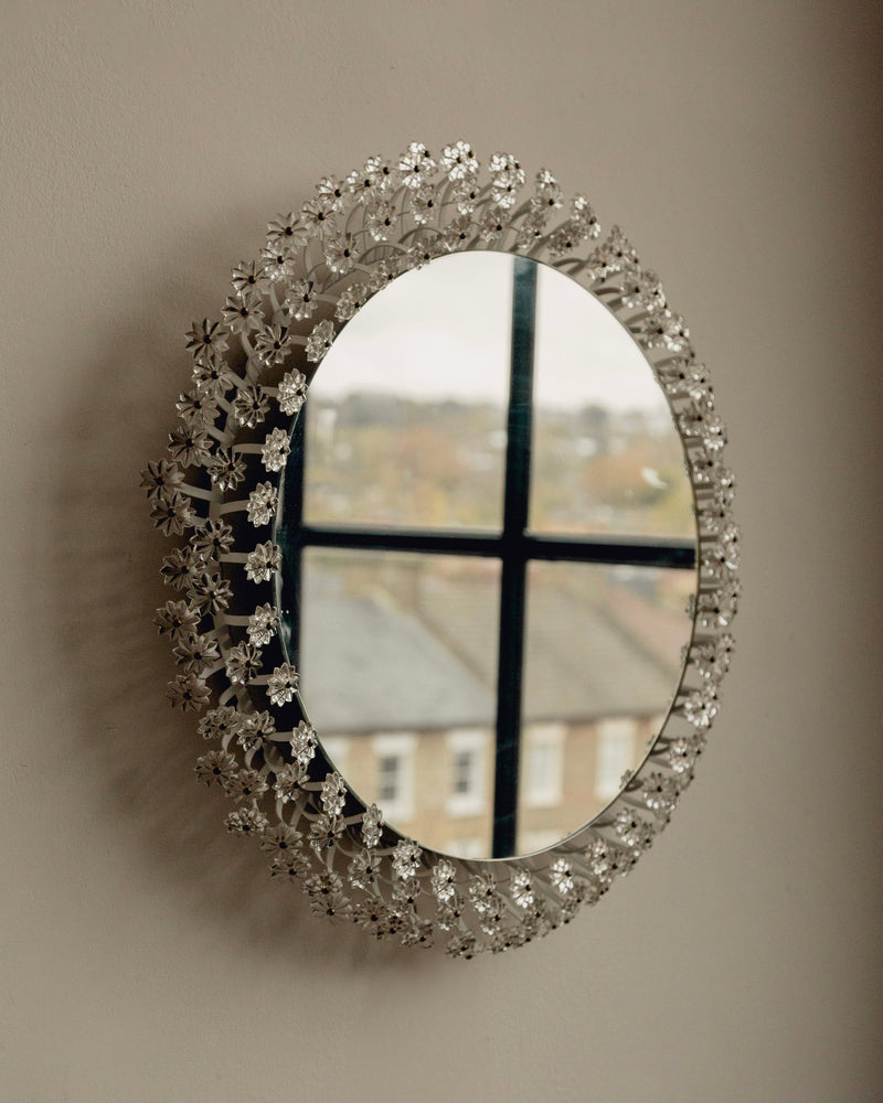 Mid Century Backlit Mirror by Emil Stejner | The Oblist — glass, silver floral design