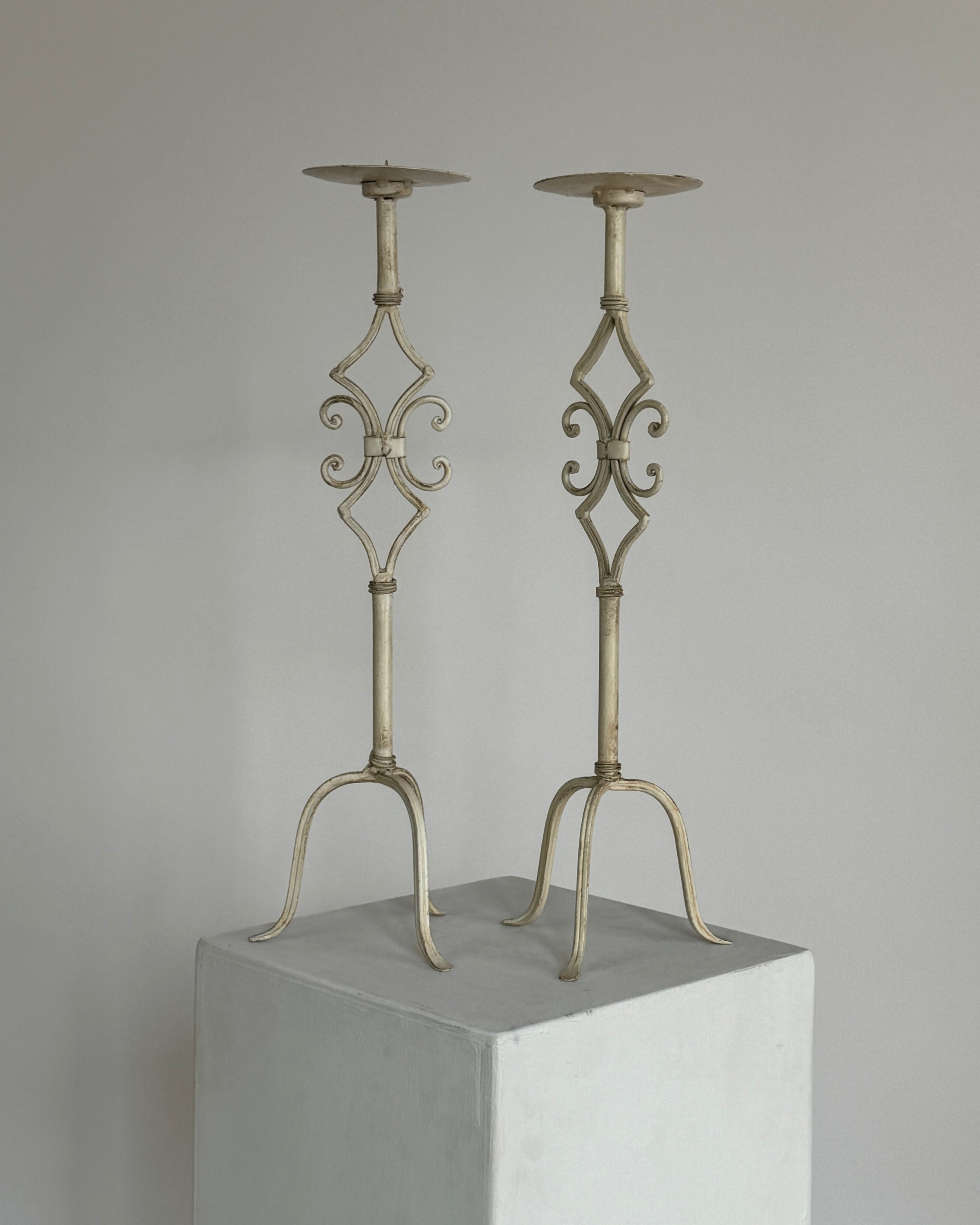 Pair of Large Antique White Metal Candleholders