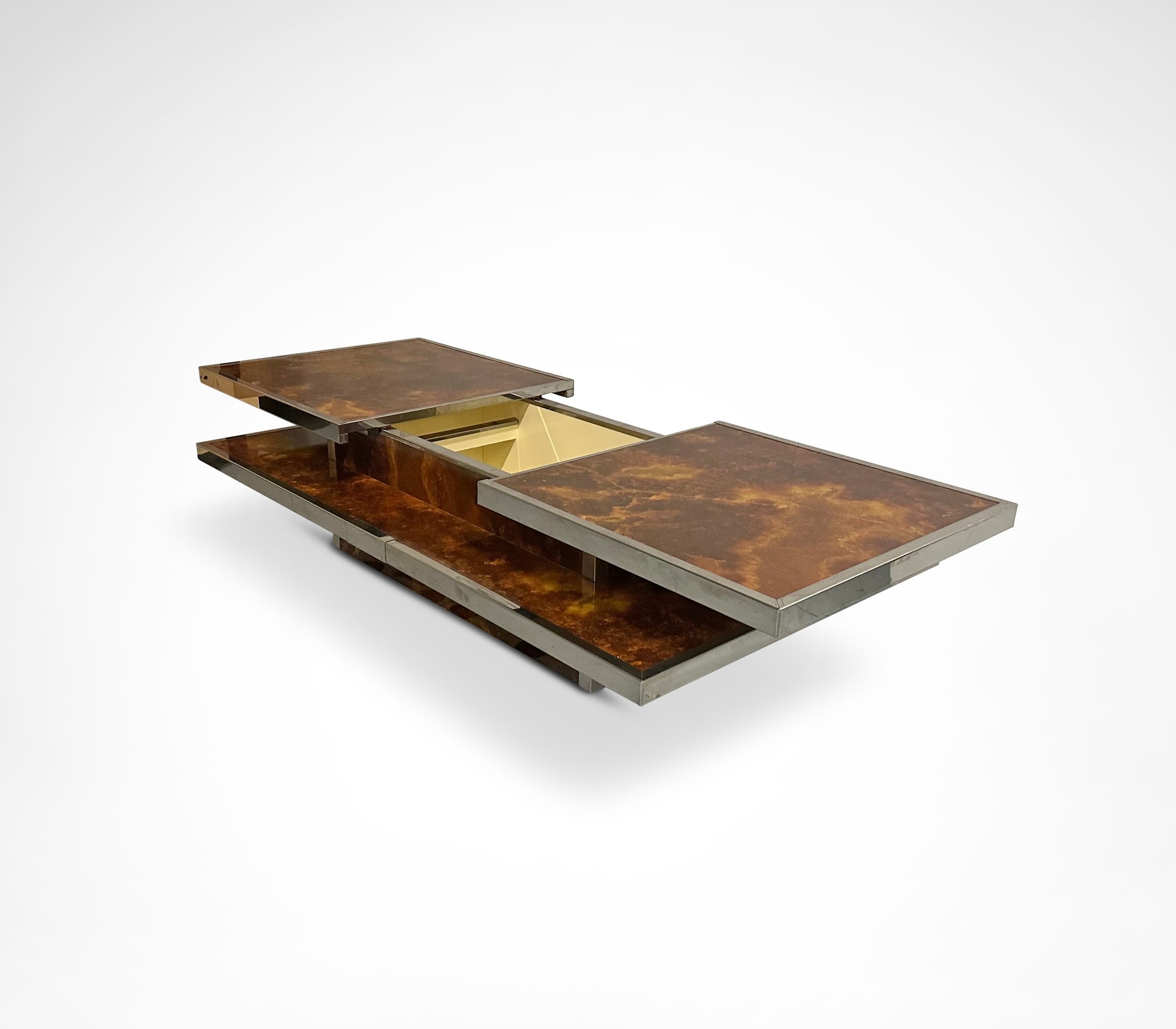 Sliding two tier burl wood and metal coffee table with integrated bar France 1980s — additional view