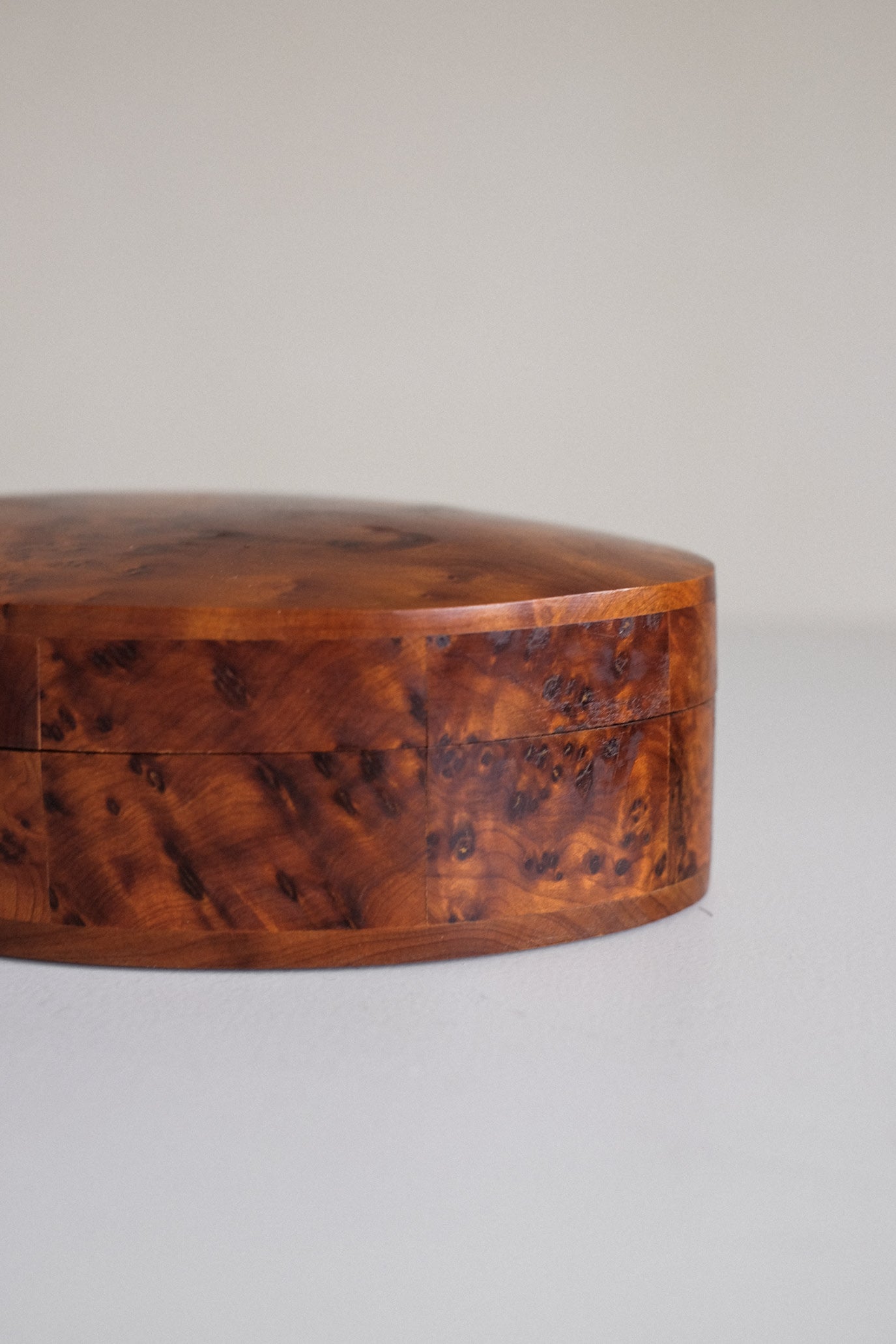 Vintage Oval Burl Wood Trinket Box — side angle