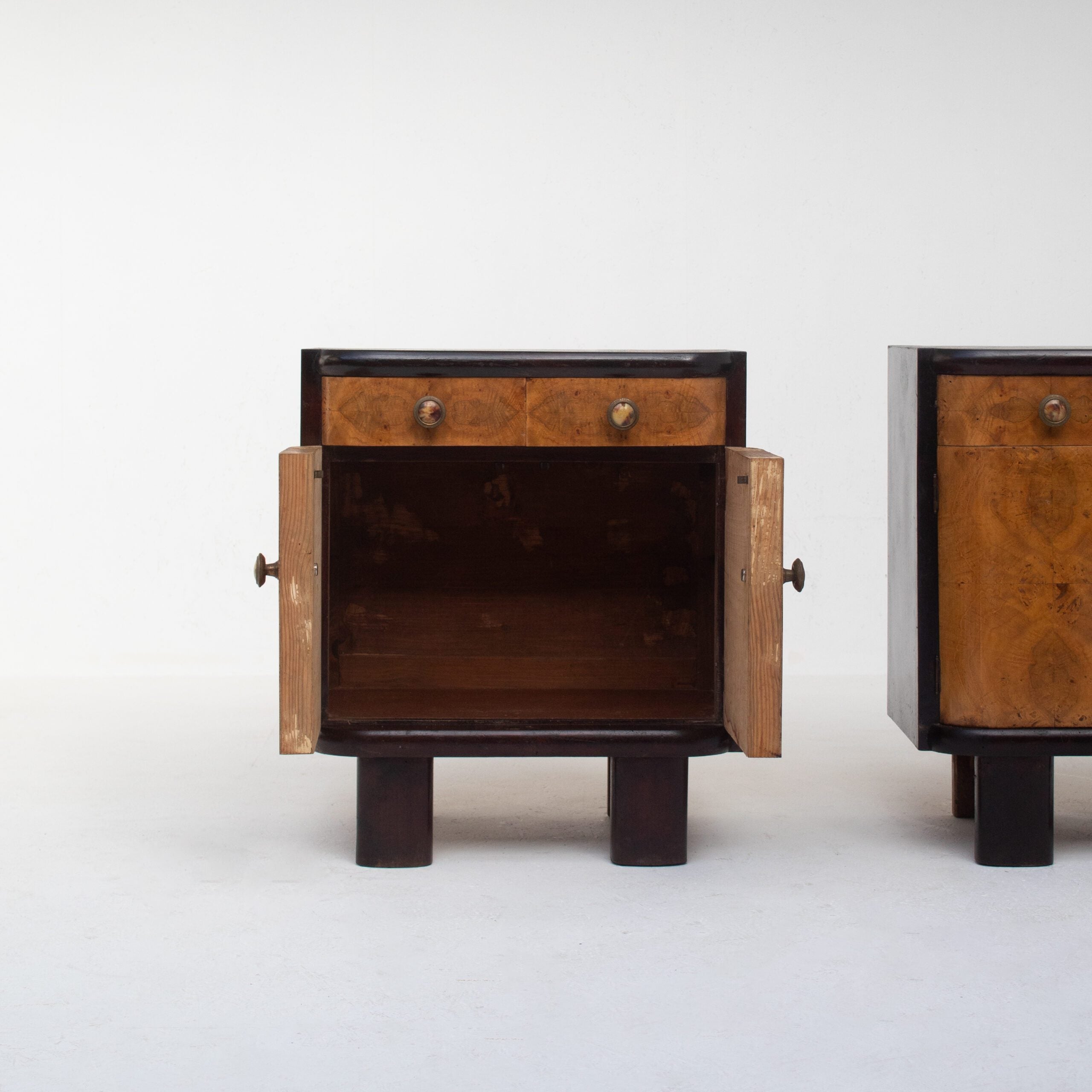 Pair of Italian Art Deco Bedside Cabinets — back view with open drawers
