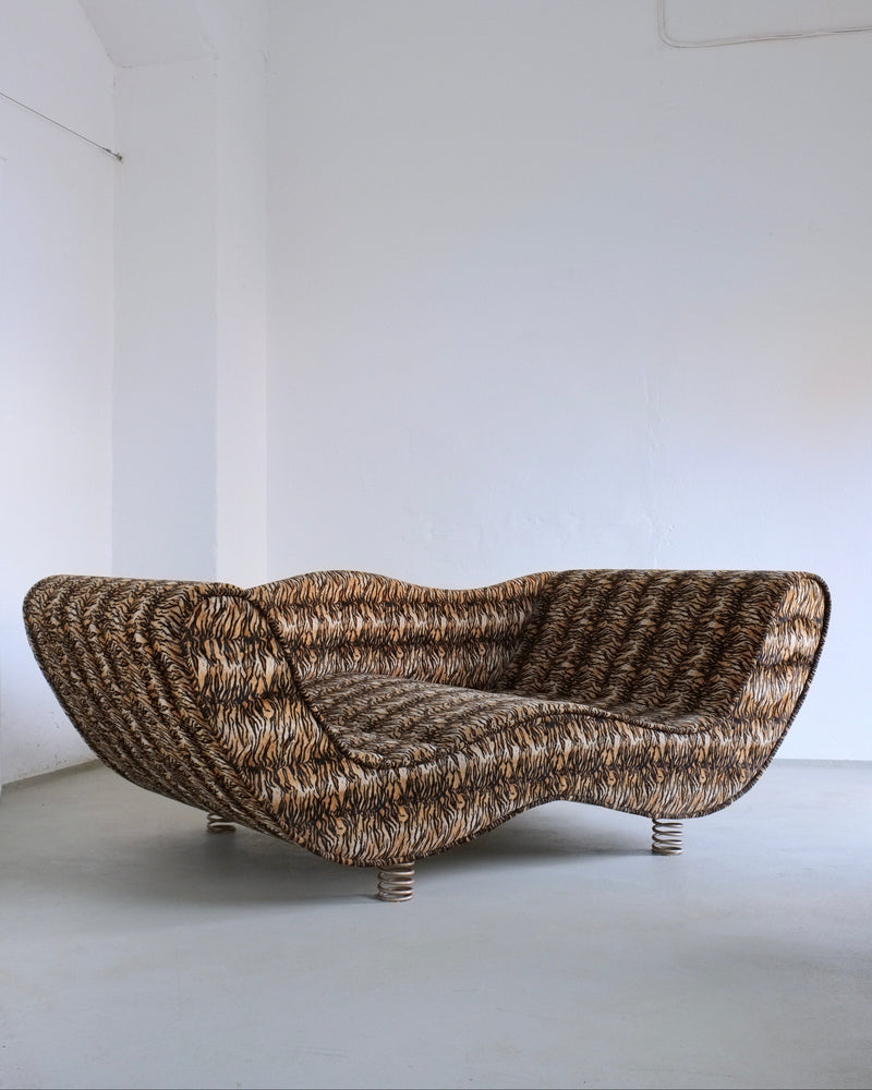 Curved postmodern sofa with animal print upholstery from 1990s Germany