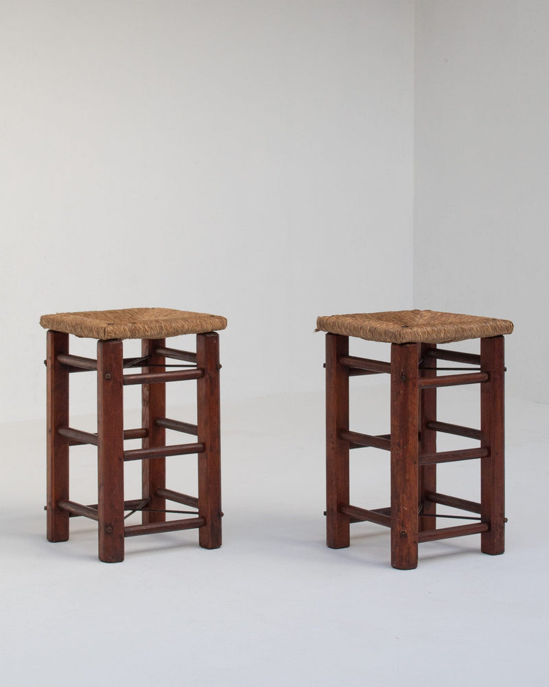 Pair of Rustic Wooden Stools with Woven Rush Seats — close-up of woven rush seats