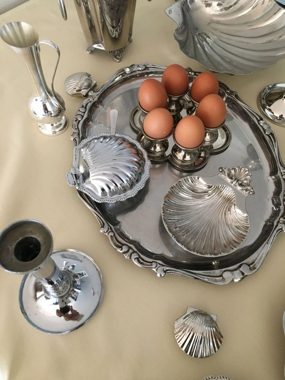 Vintage Stainless Steel Egg Cup Set with Serving Tray — side angle