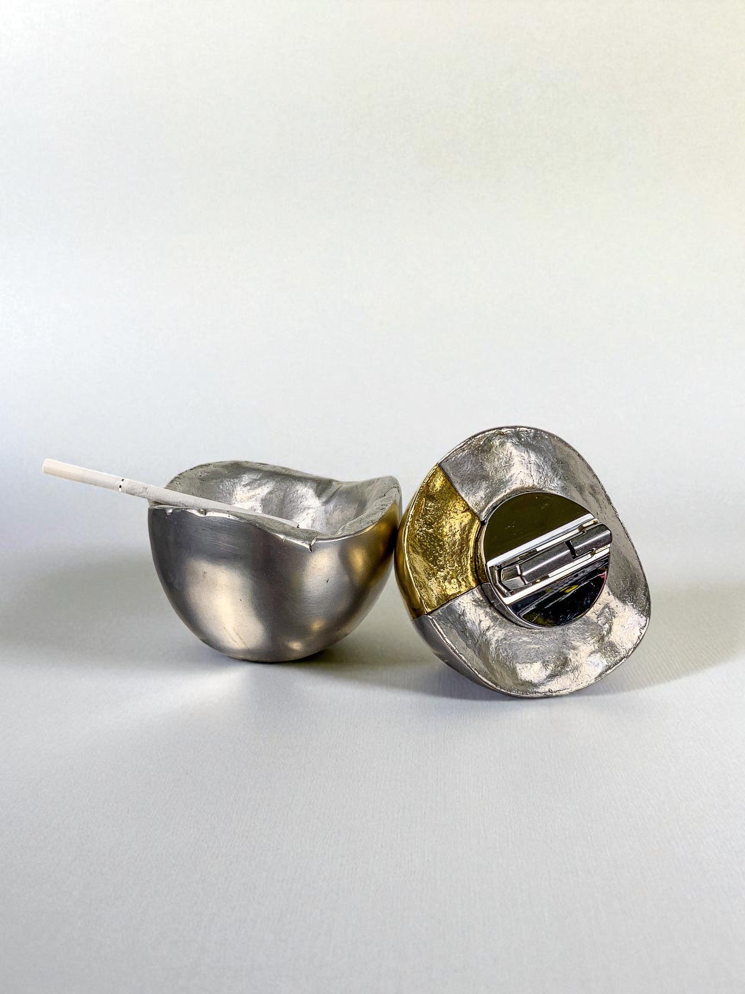 Brutalist Egg shaped lighter-ashtray by Ardisur, Bronze and aluminum, 1970's, Spain — detail view