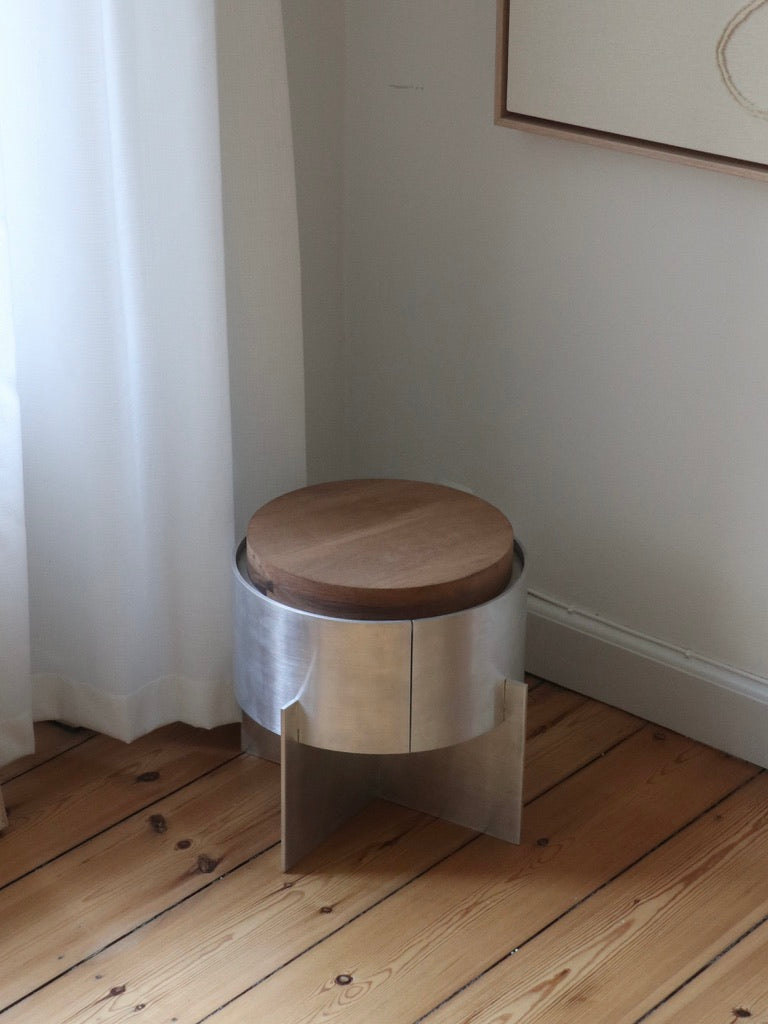 Lunar Side Table — back view showing wooden top and metal base