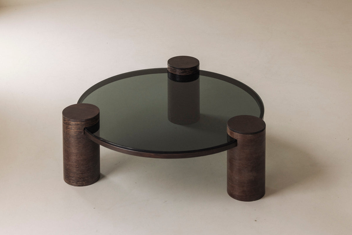 Sculptural Brutalist Wengé and Smoked Glass Round Coffee Table, 1970s — in context