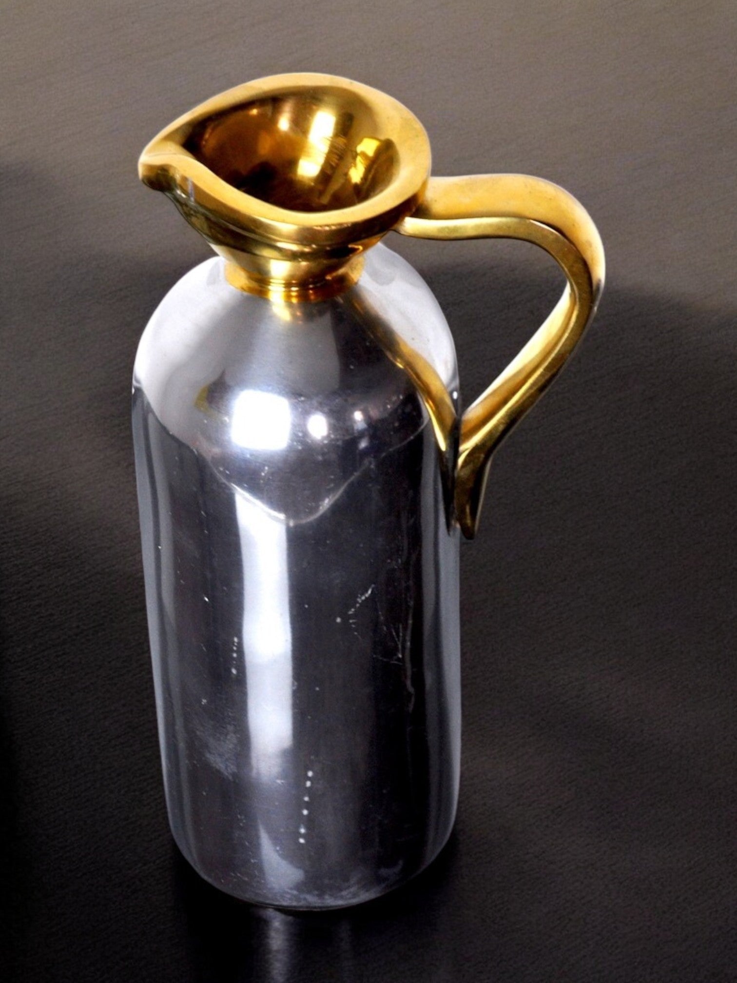 Brutalist Pitcher by David Marshall, 1980s, Spain — side view highlighting polished metal and gold handle