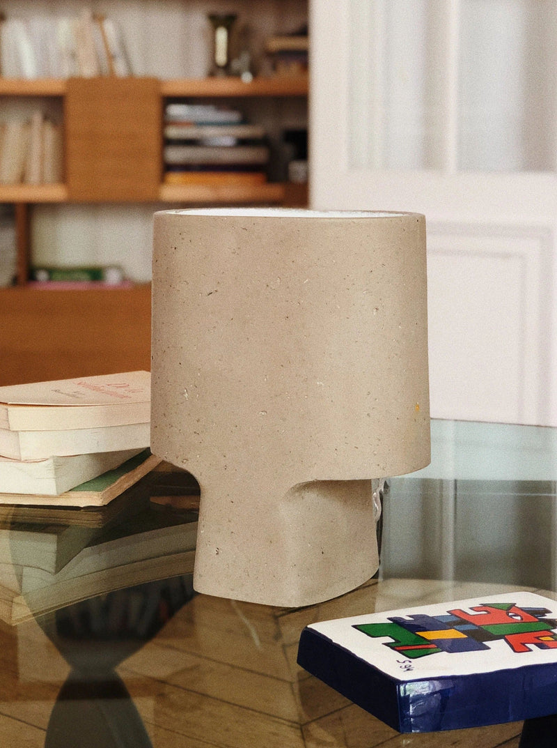 Lamp Bien Faite Taupe — close-up of taupe ceramic lamp on glass table