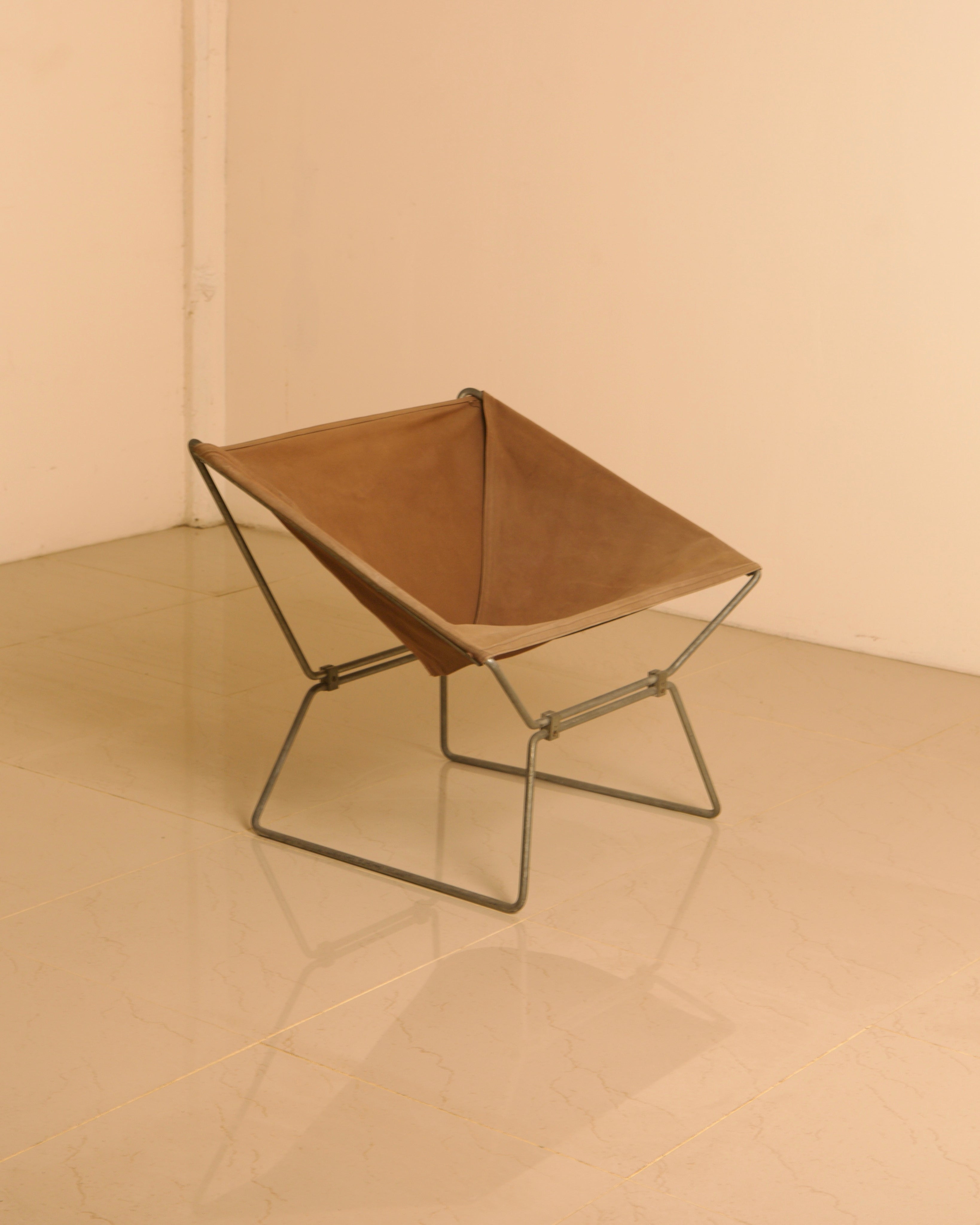 AP-14 Armchair in Canvas by Pierre Paulin for AP Polak, 1950s — angled view on polished floor