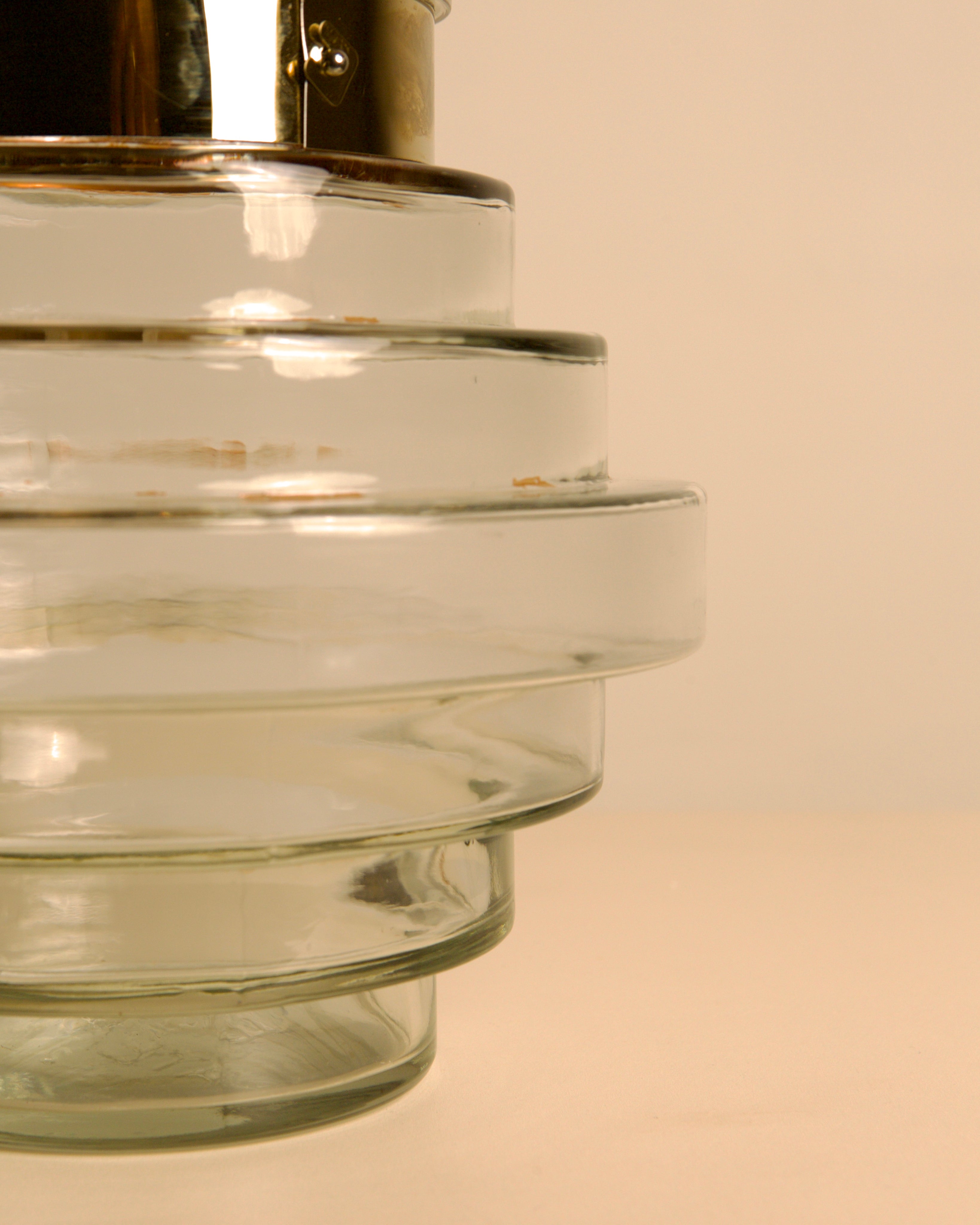 Italian Glass Vase with Brass Rim, 70s — close-up of layered glass design