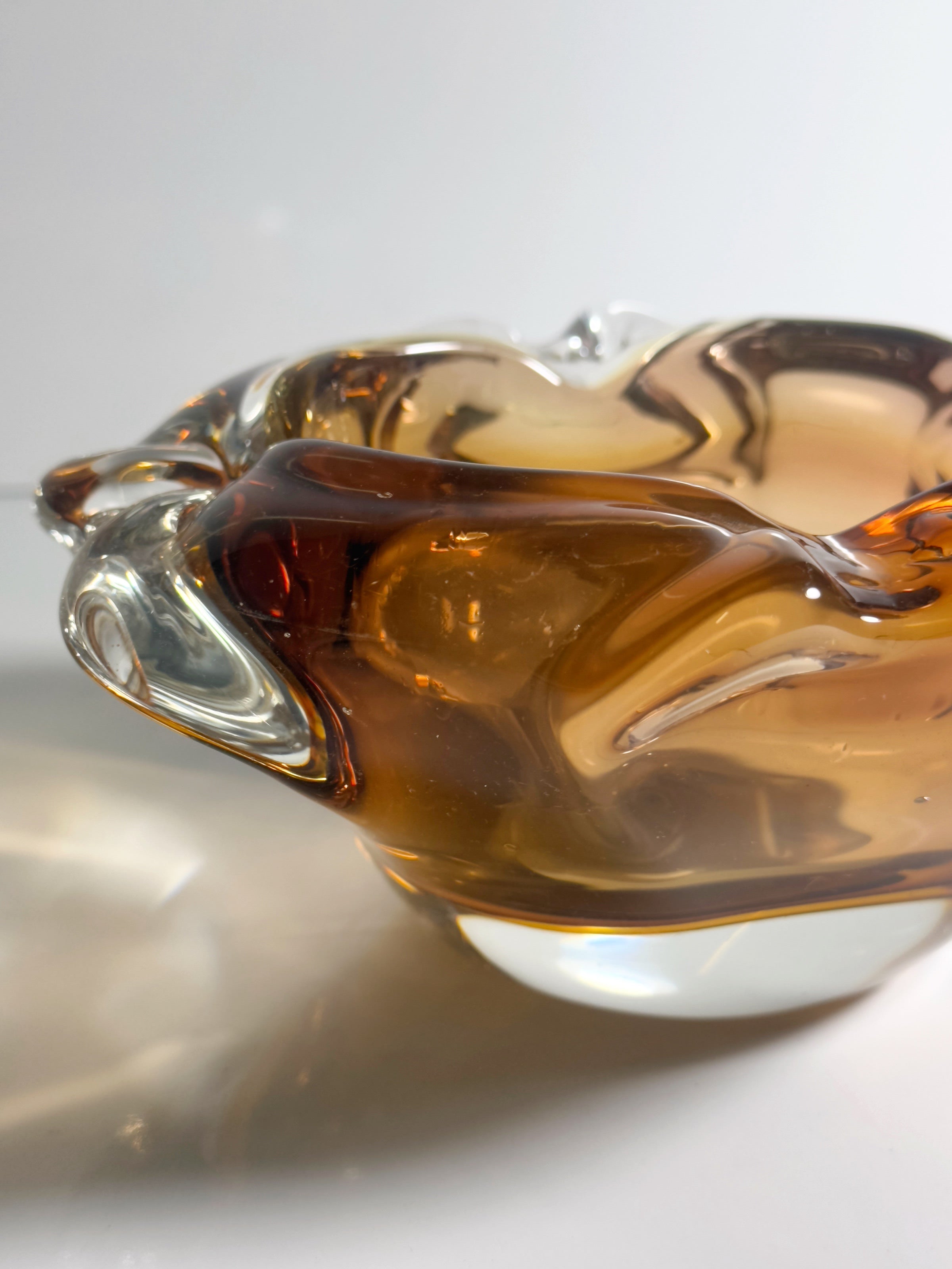 Bohemian Mid Century Ash Tray - 1960s — side angle highlighting amber glass design