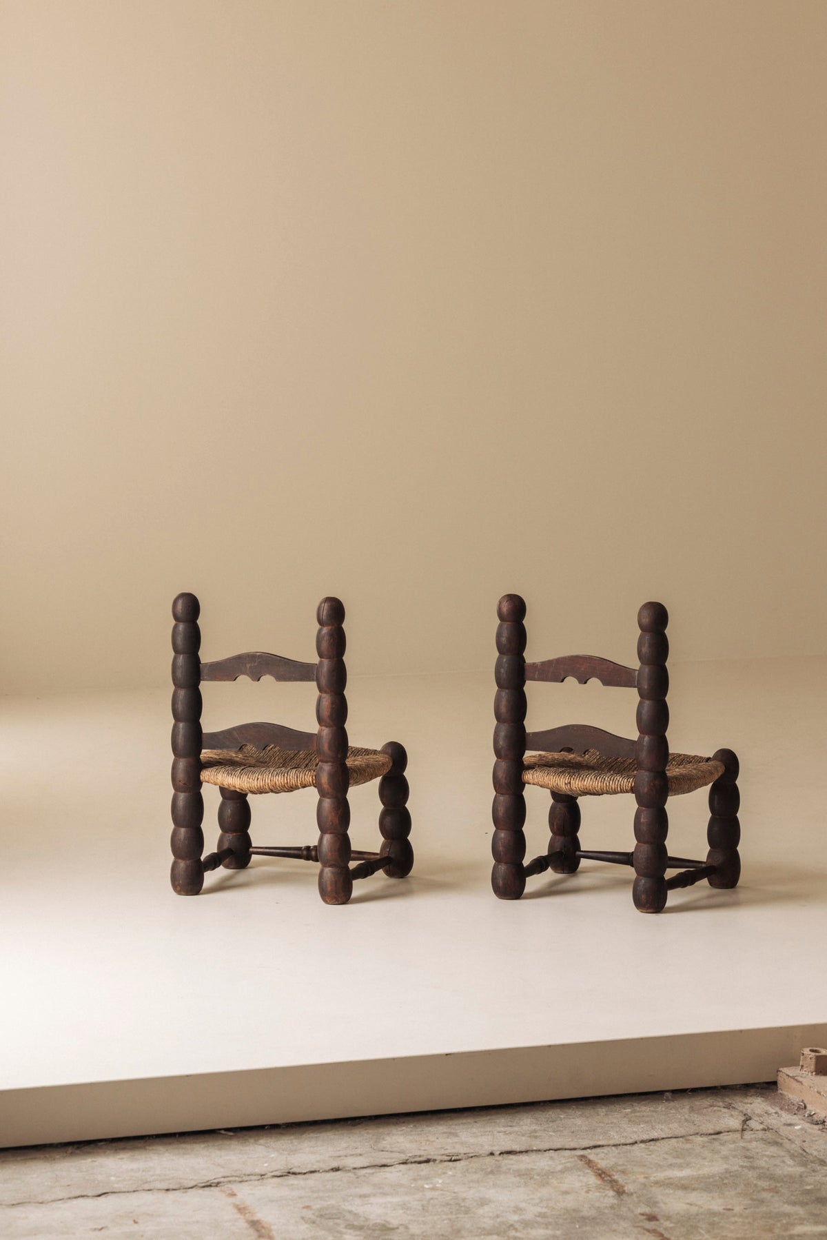 Pair of Spanish Bobbin-Turned Side Chairs with Rush Seats, Early 20th Century — close-up