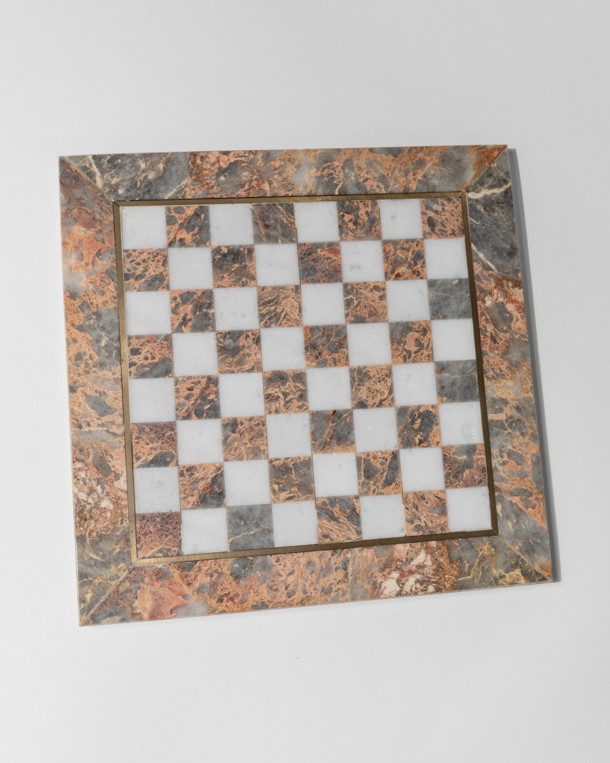 Vintage Italian marble chessboard with grey white rosé inlay detail