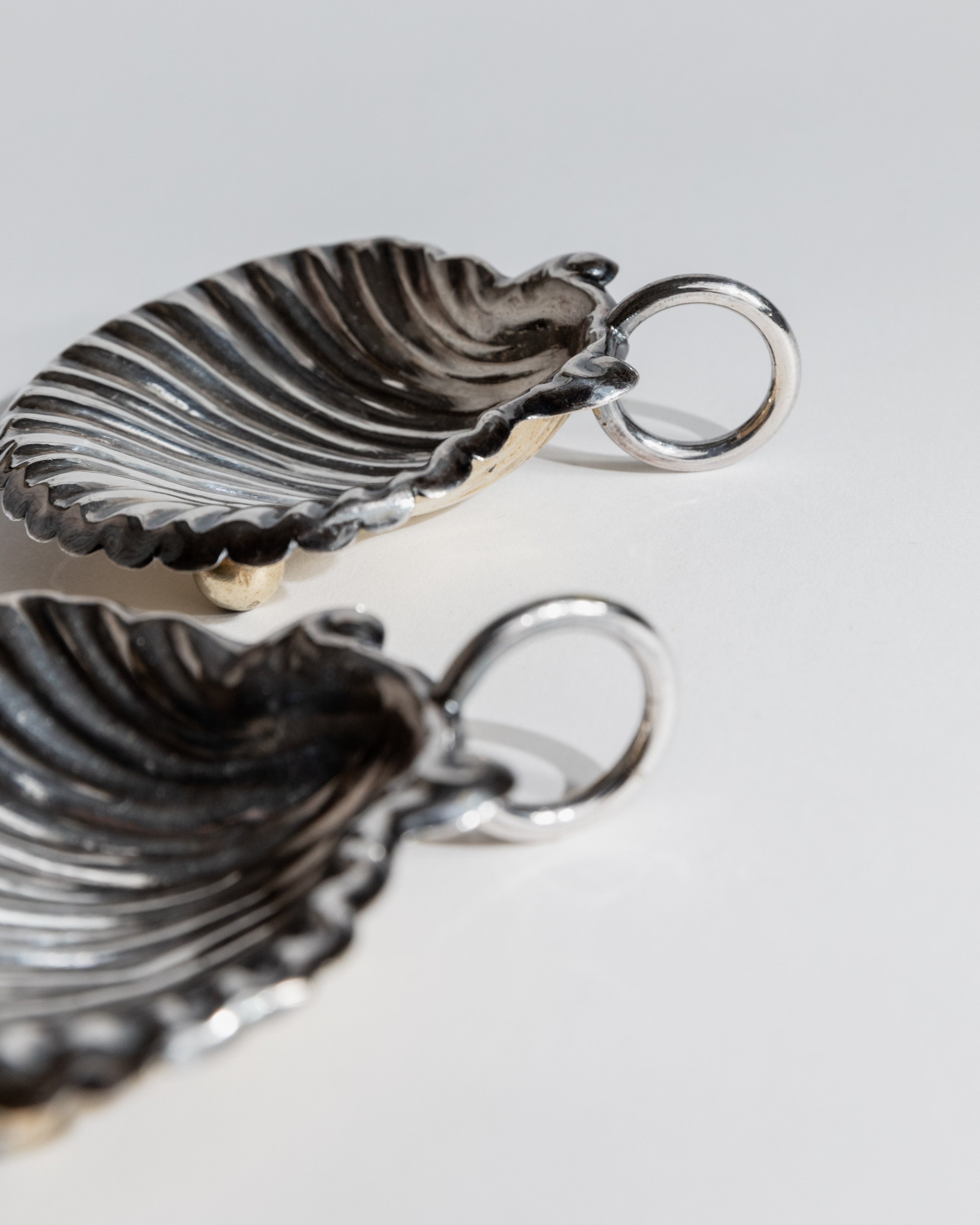 Silver shell-shaped serving bowls with handles, vintage 1960s set