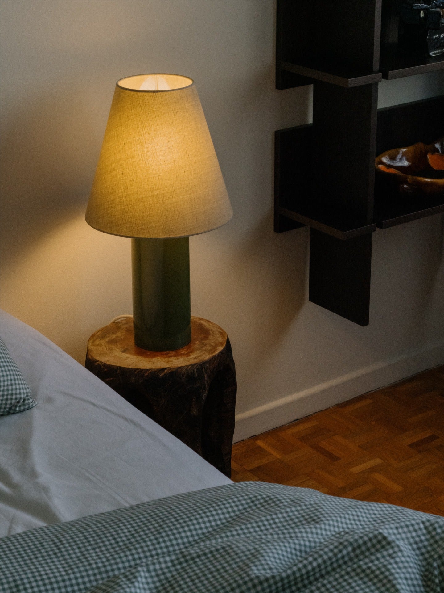 Giro" Table Lamp - Treetop & Beige — top view on wooden side table